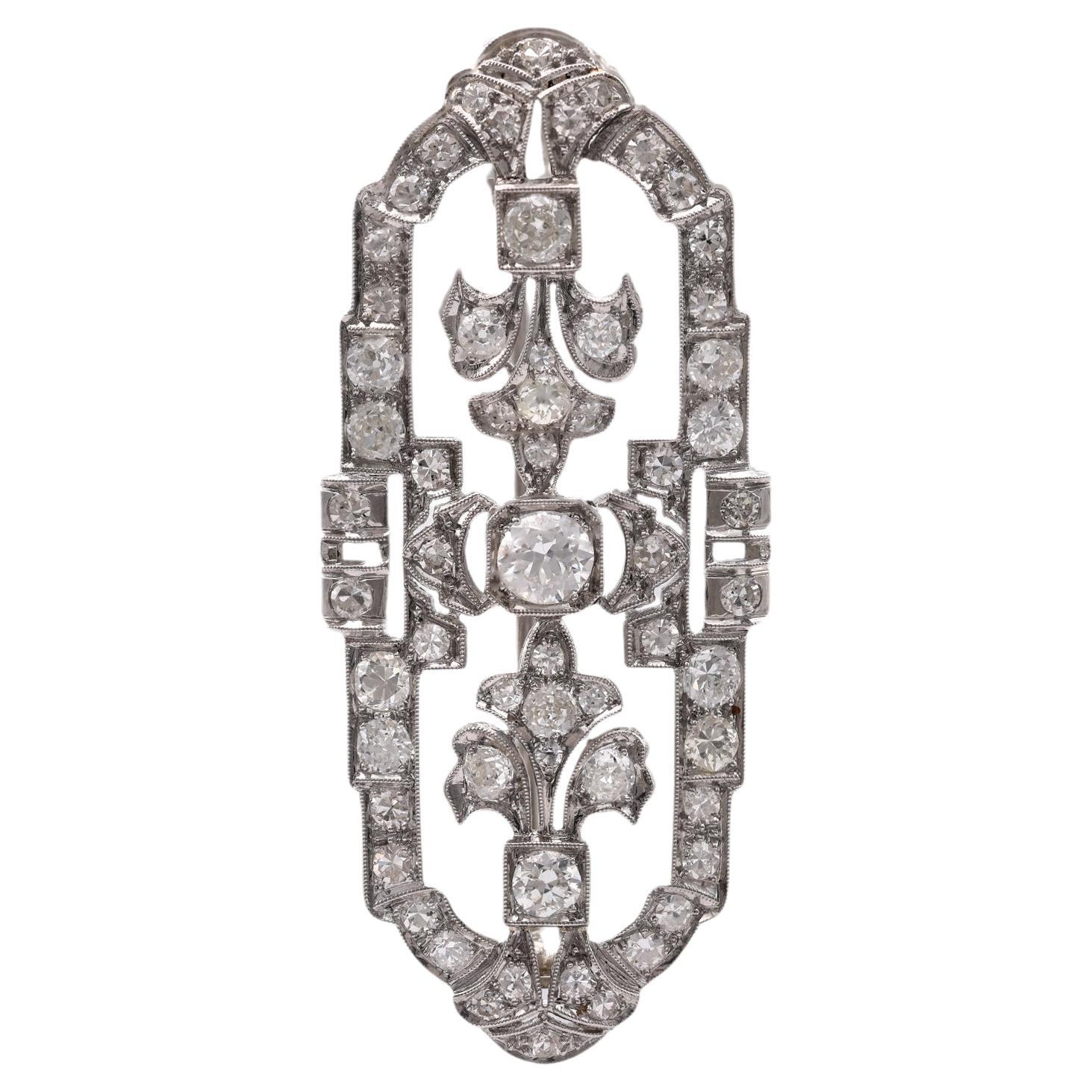 Art Deco French Diamond 14k White Gold Convertible Brooch Pendant For Sale