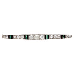 Art Deco French Diamond, Emerald, and Onyx Platinum Bar Brooch