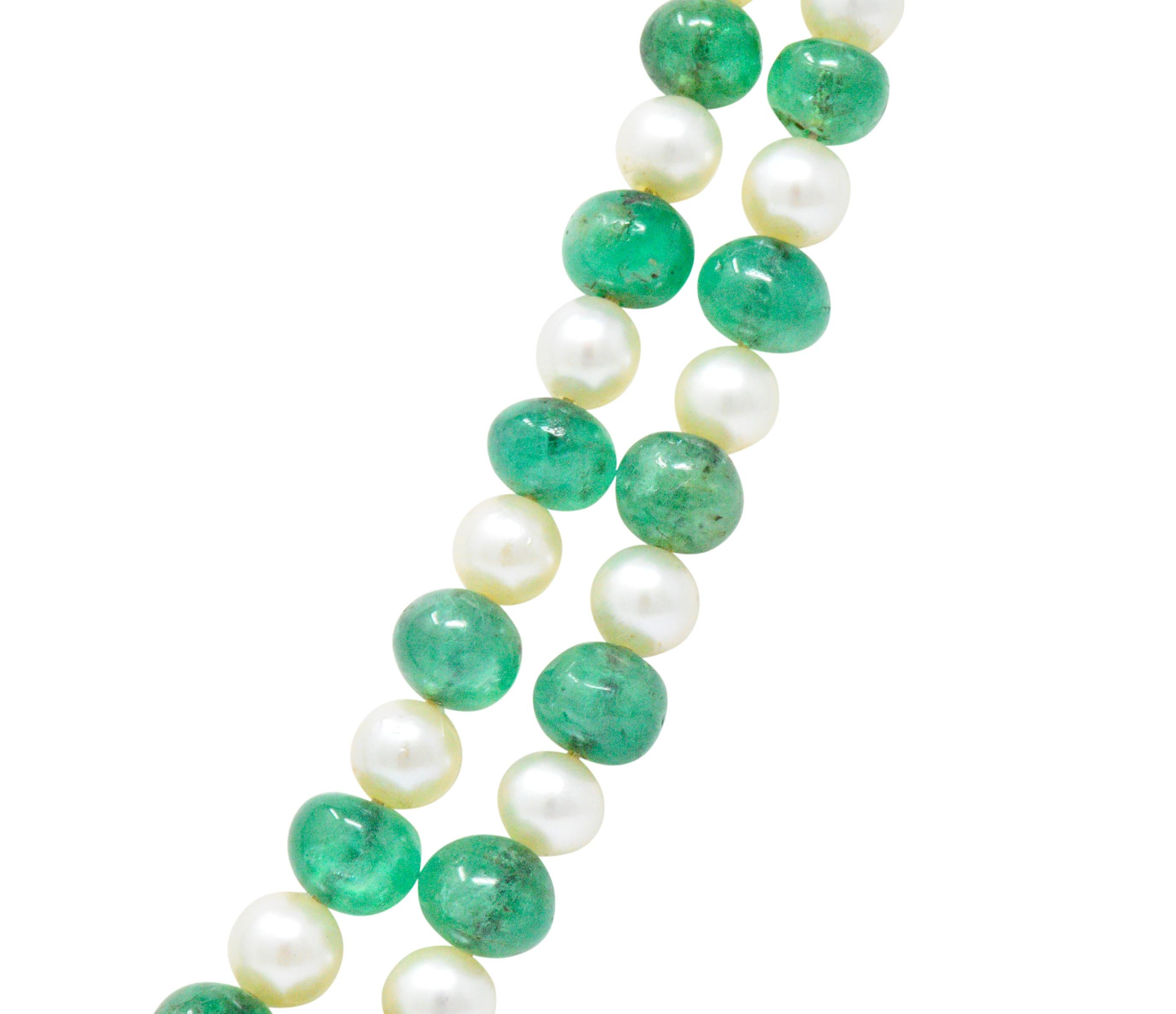 Round Cut Art Deco French Diamond Emerald Bead Cultured Pearl Platinum Two Strand Necklace