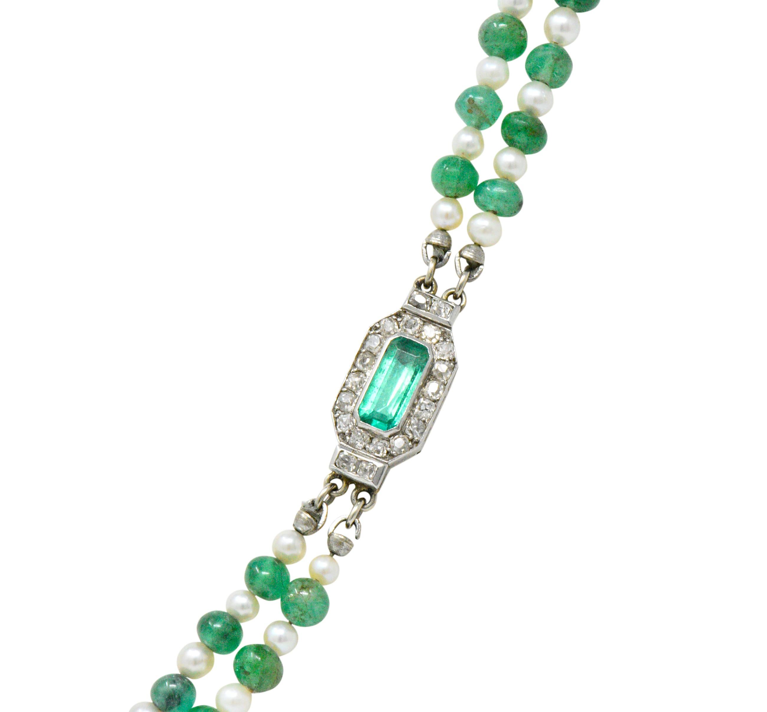 Women's or Men's Art Deco French Diamond Emerald Bead Cultured Pearl Platinum Two Strand Necklace