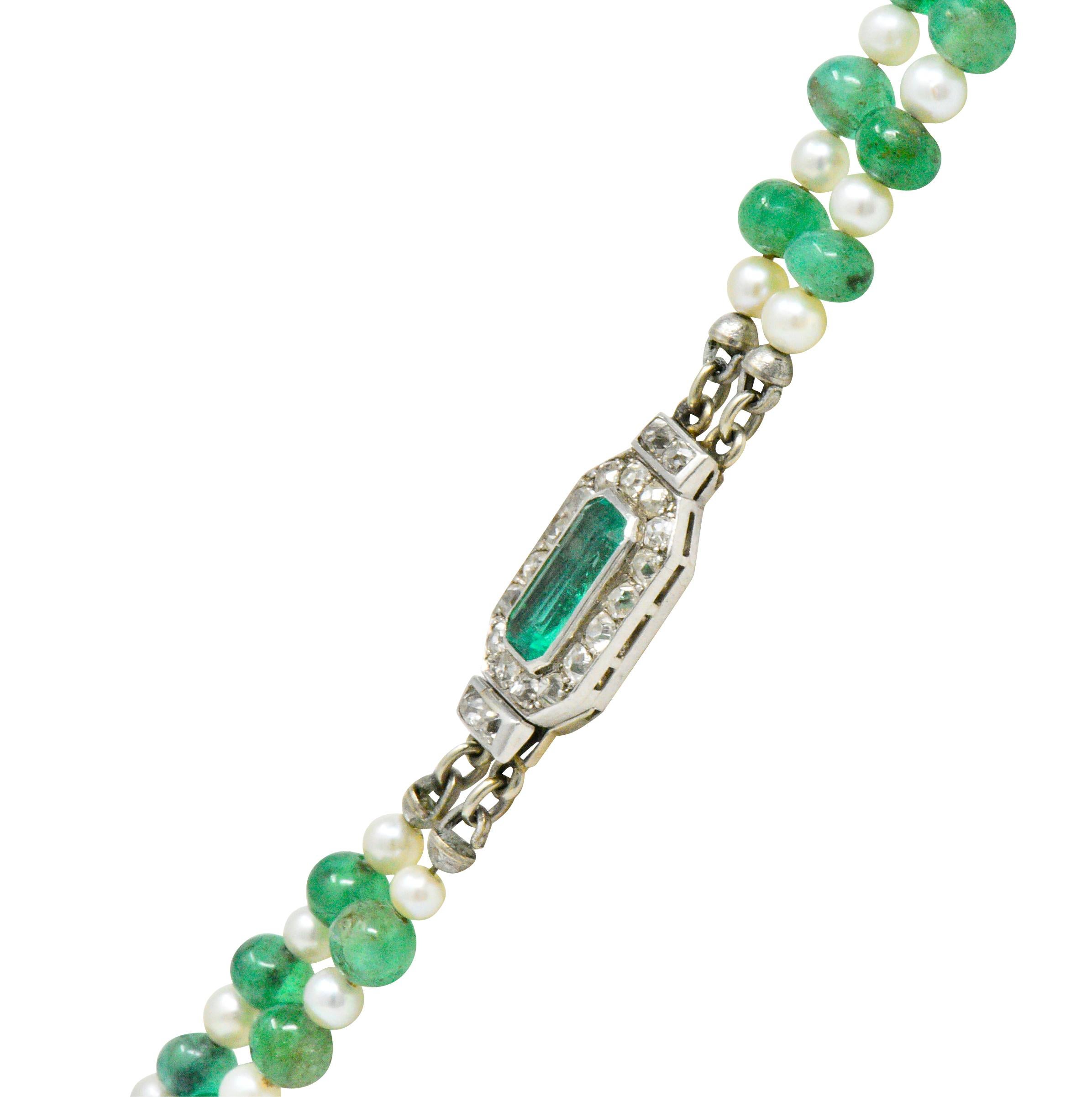 Art Deco French Diamond Emerald Bead Cultured Pearl Platinum Two Strand Necklace 1