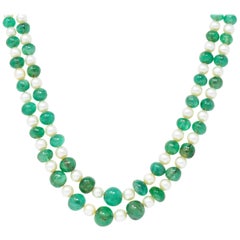 Art Deco French Diamond Emerald Bead Cultured Pearl Platinum Two Strand Necklace