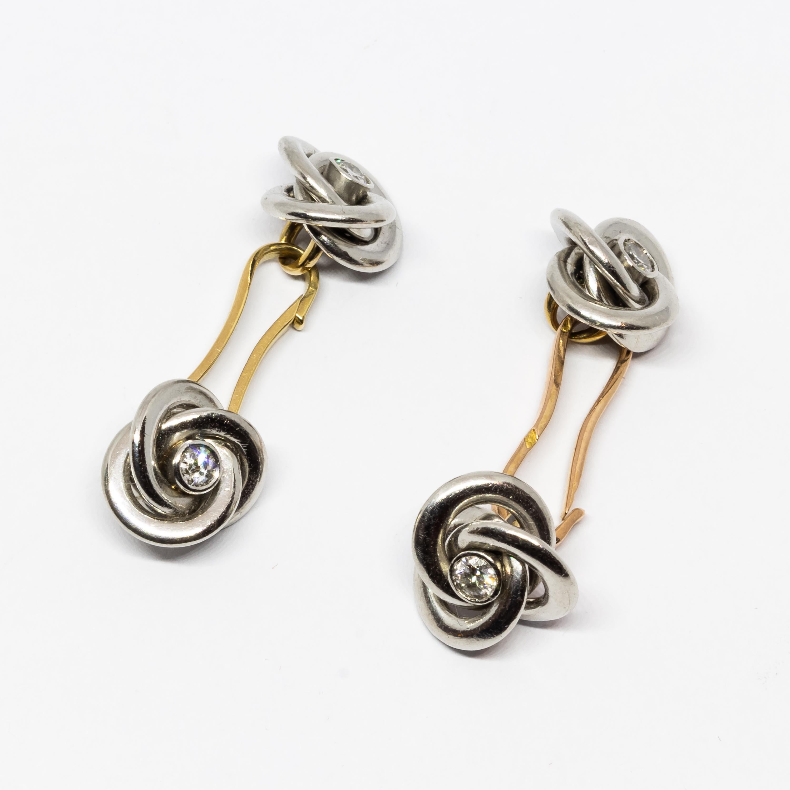 Round Cut Art Deco French Diamond, Gold and Platinum Knot Cufflinks For Sale