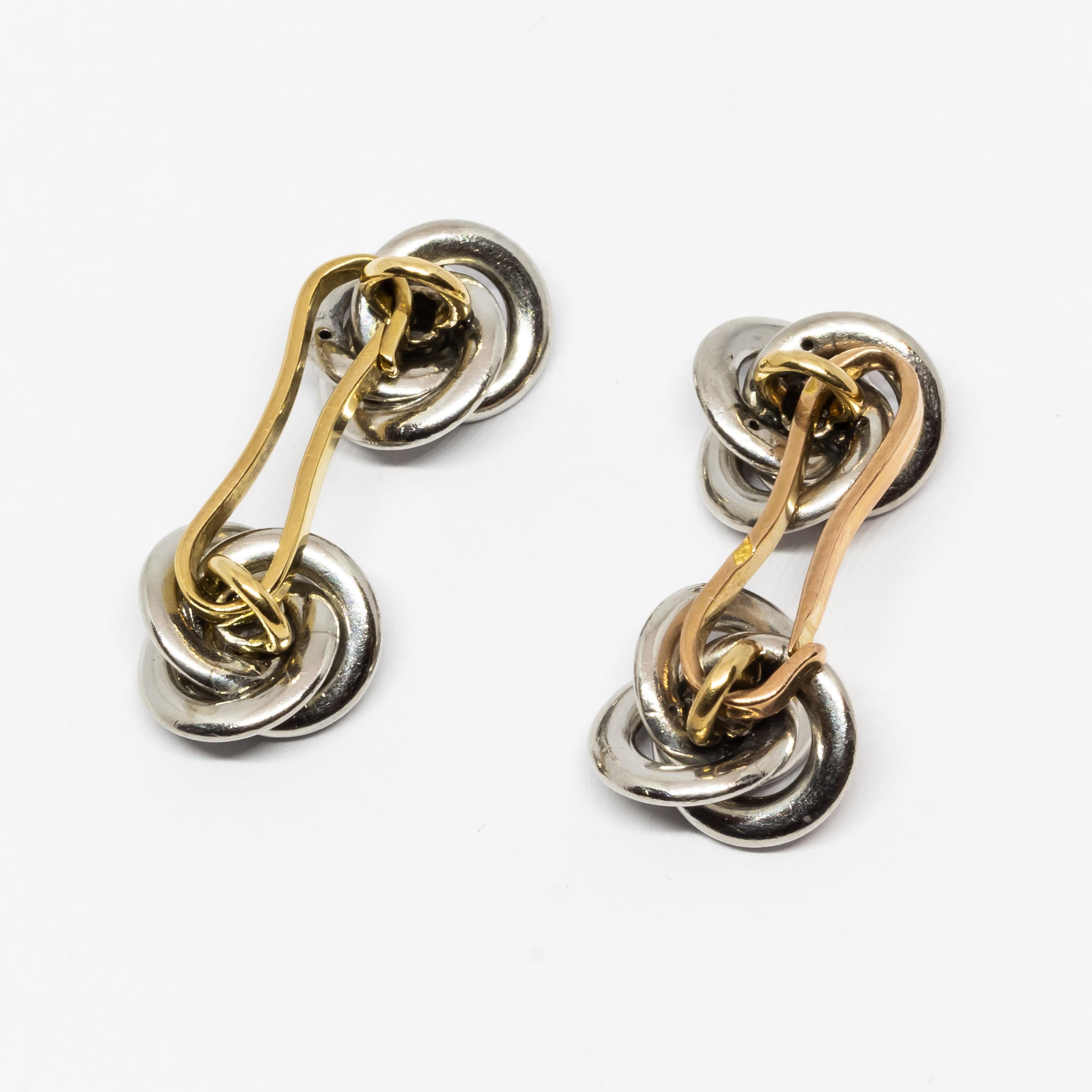Art Deco French Diamond, Gold and Platinum Knot Cufflinks In Good Condition For Sale In London, GB