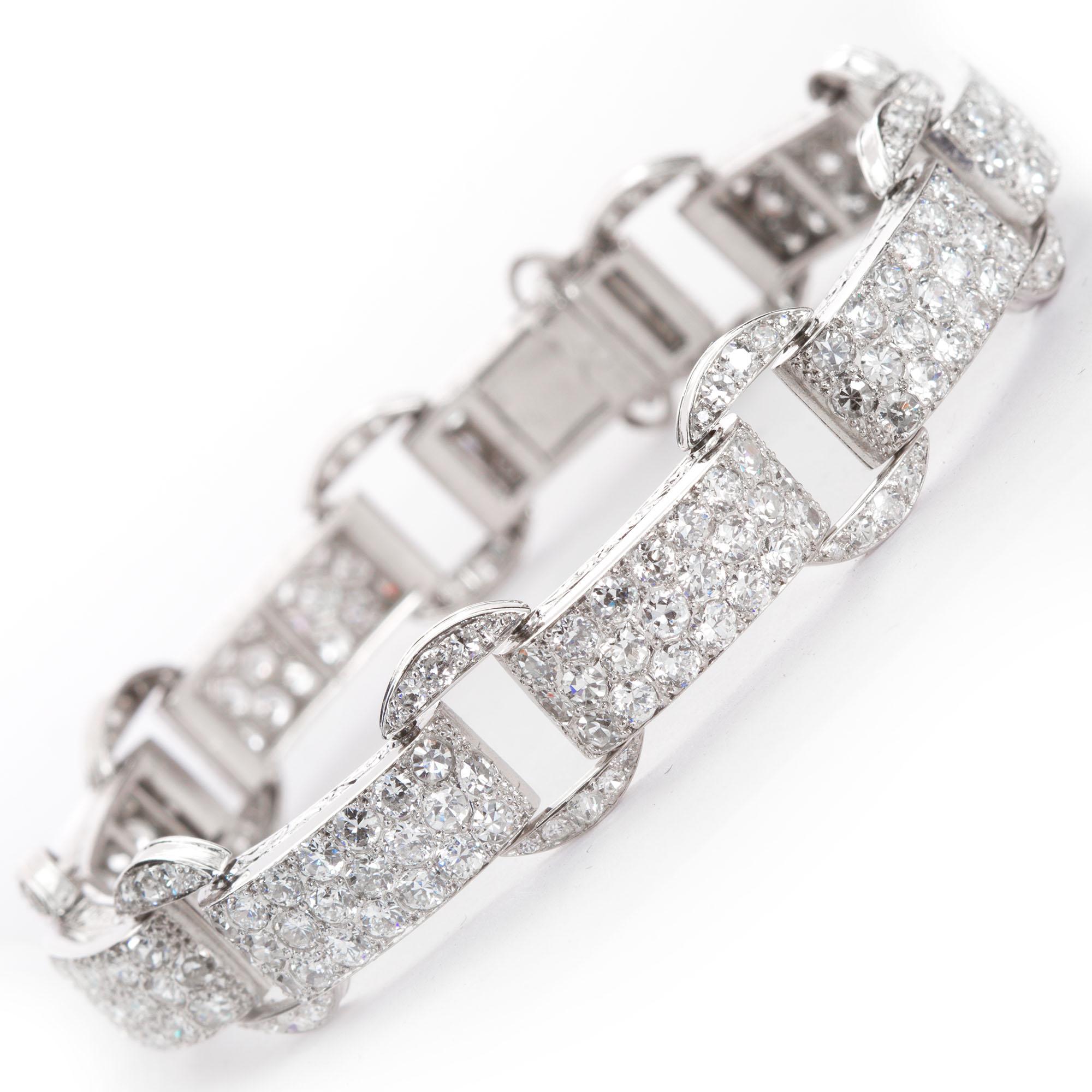 Taille ronde Bracelet Art déco français à maillons pavés de diamants 18,50 carats sertis en platine en vente