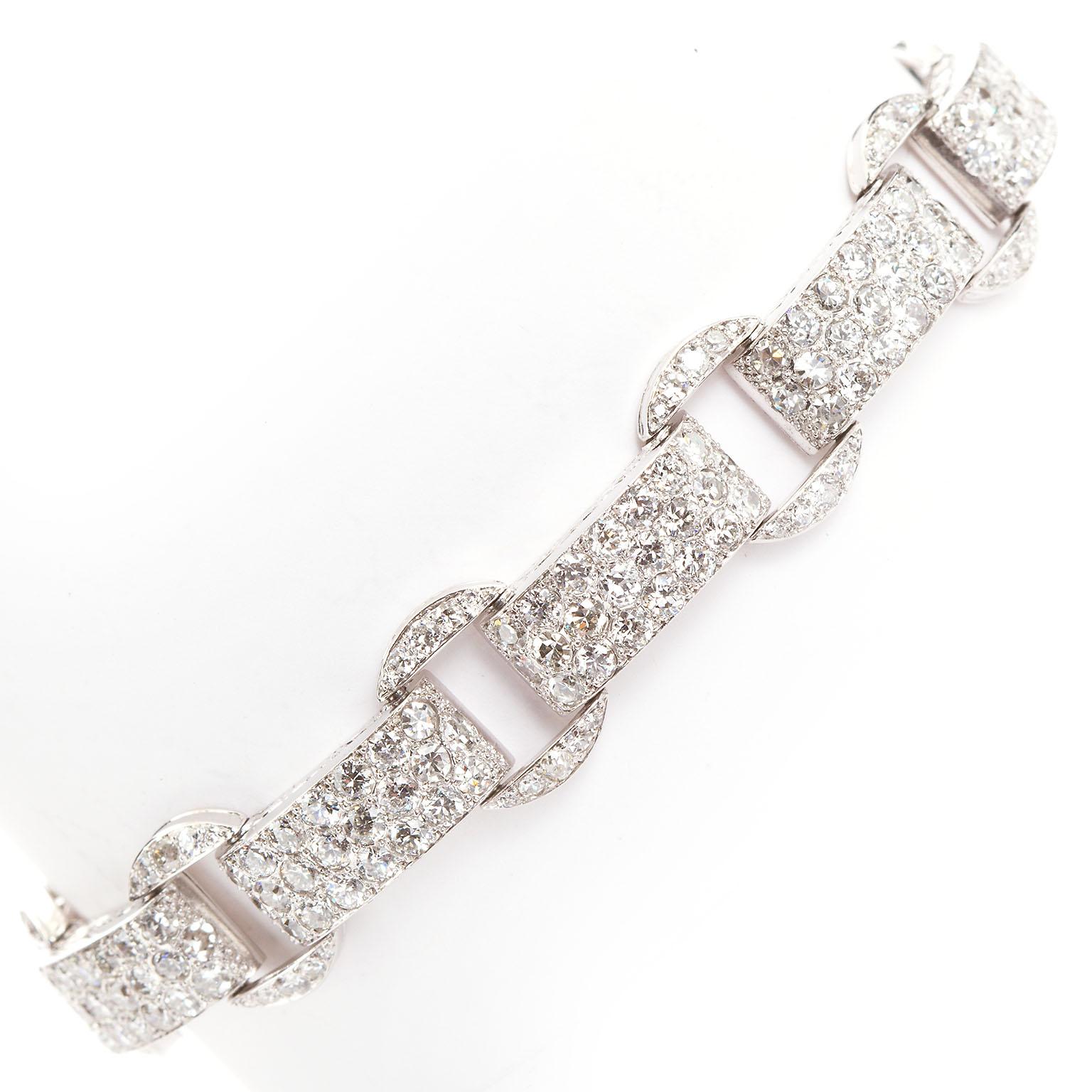 Französisches Art Deco Diamant-Gliederarmband mit Gliederpavé 18,50 Karat in Platin gefasst (Rundschliff) im Angebot