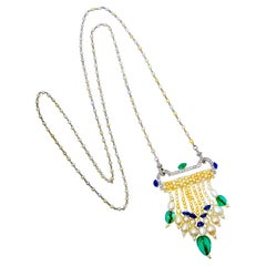 Art Deco French Diamond, Natural Pearl, Emerald, Sapphire Necklace