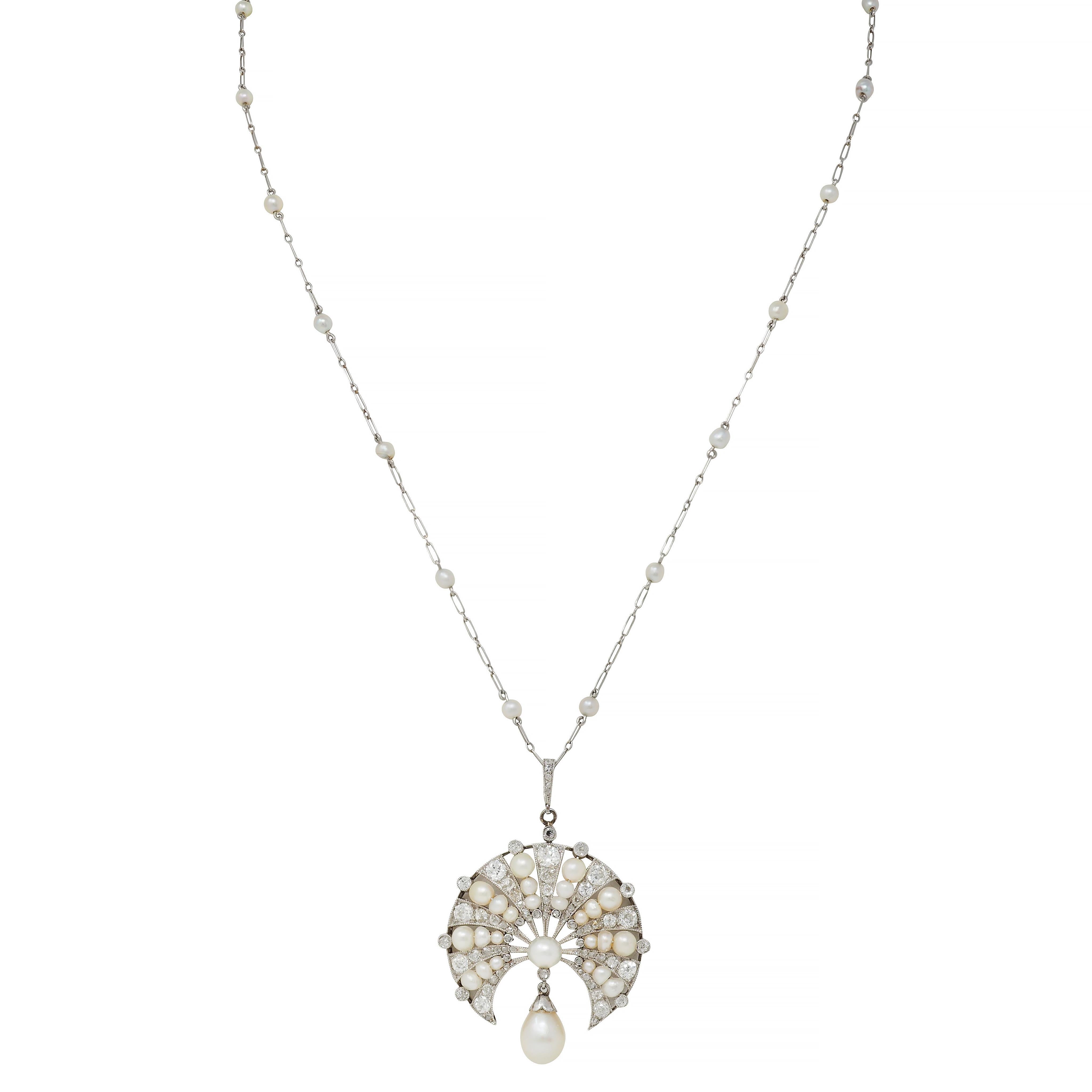 Bead Art Deco French Diamond Natural Pearl Platinum Antique Fan Pendant Necklace For Sale