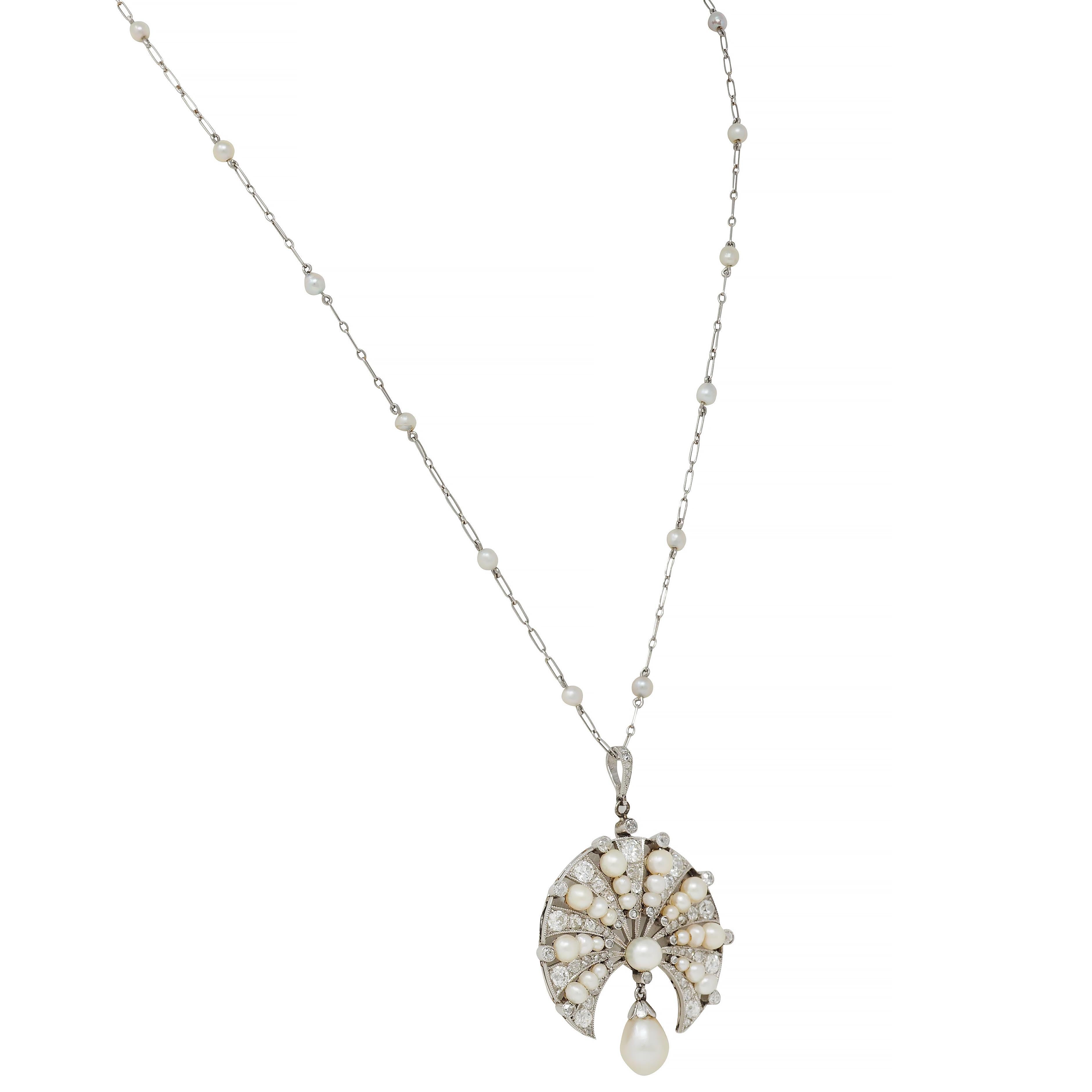 Women's or Men's Art Deco French Diamond Natural Pearl Platinum Antique Fan Pendant Necklace For Sale
