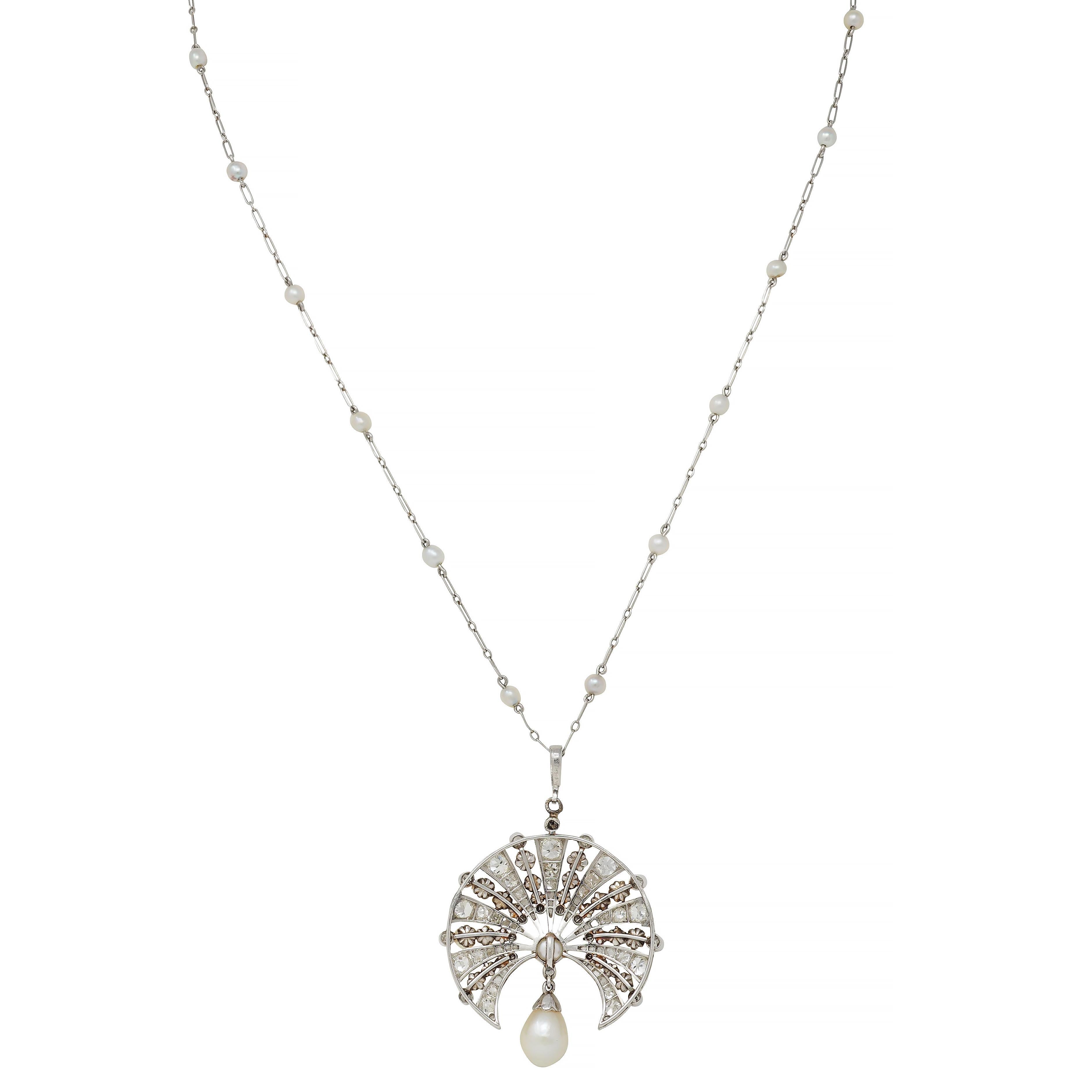 Art Deco French Diamond Natural Pearl Platinum Antique Fan Pendant Necklace For Sale 1