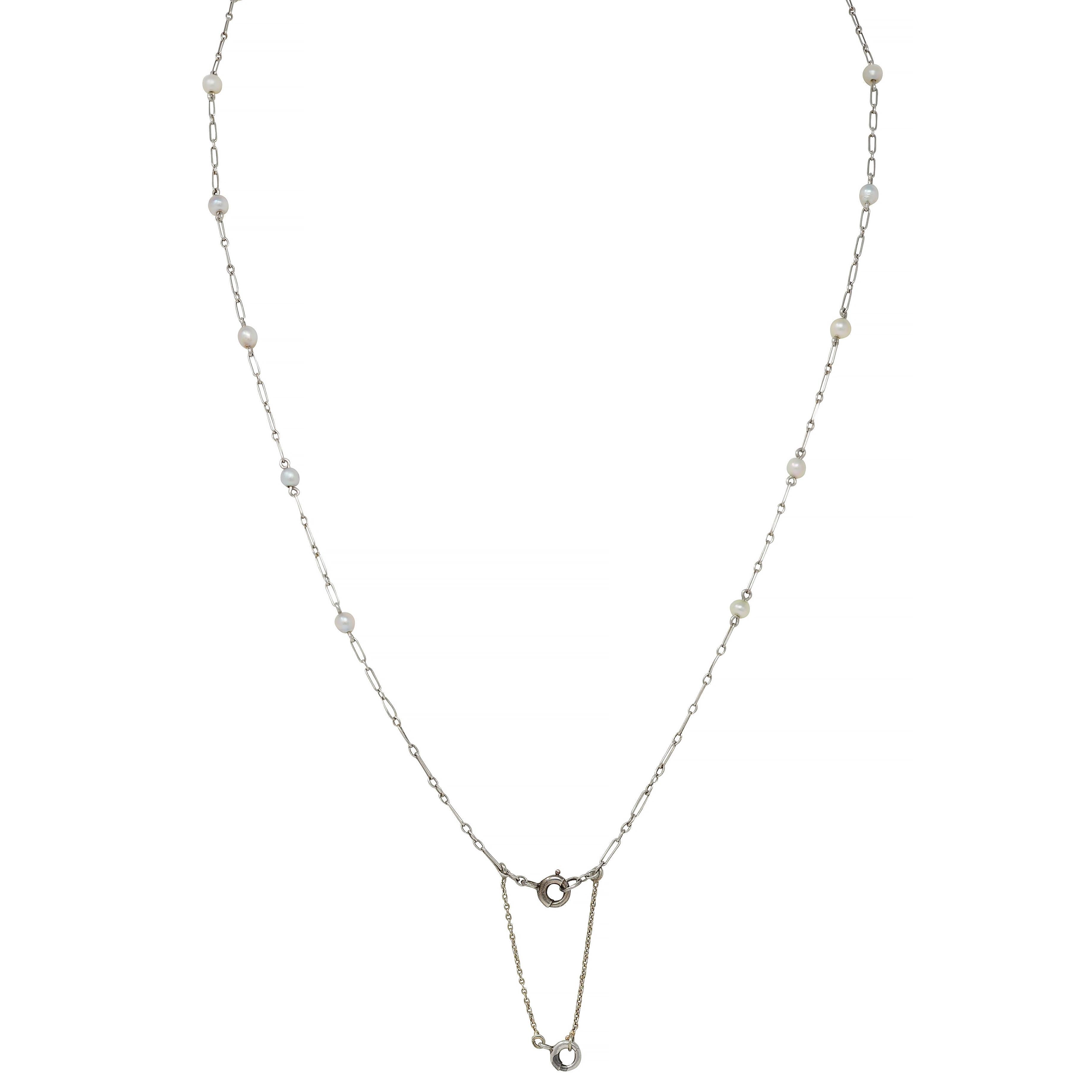 Art Deco French Diamond Natural Pearl Platinum Antique Fan Pendant Necklace For Sale 3