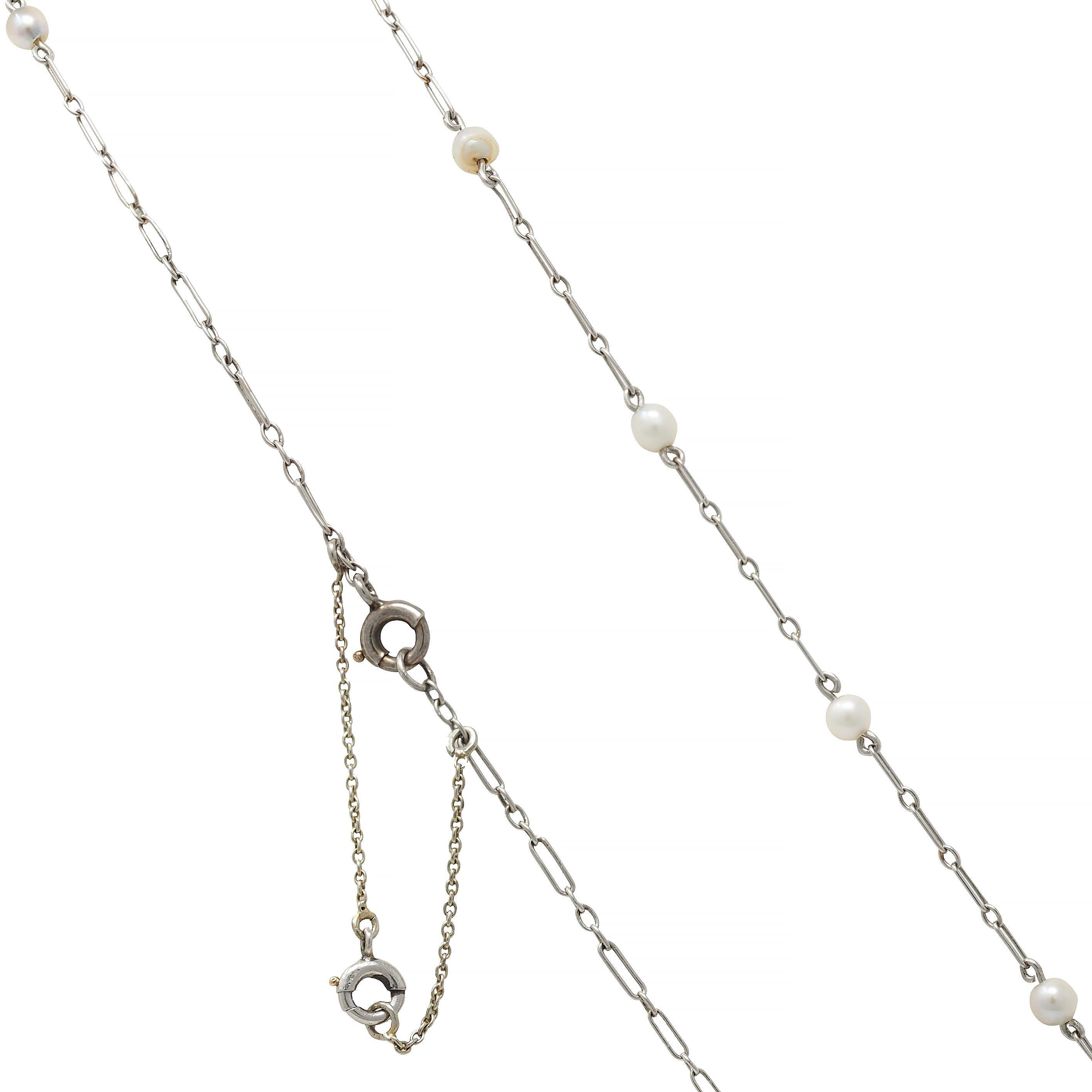 Art Deco French Diamond Natural Pearl Platinum Antique Fan Pendant Necklace For Sale 4