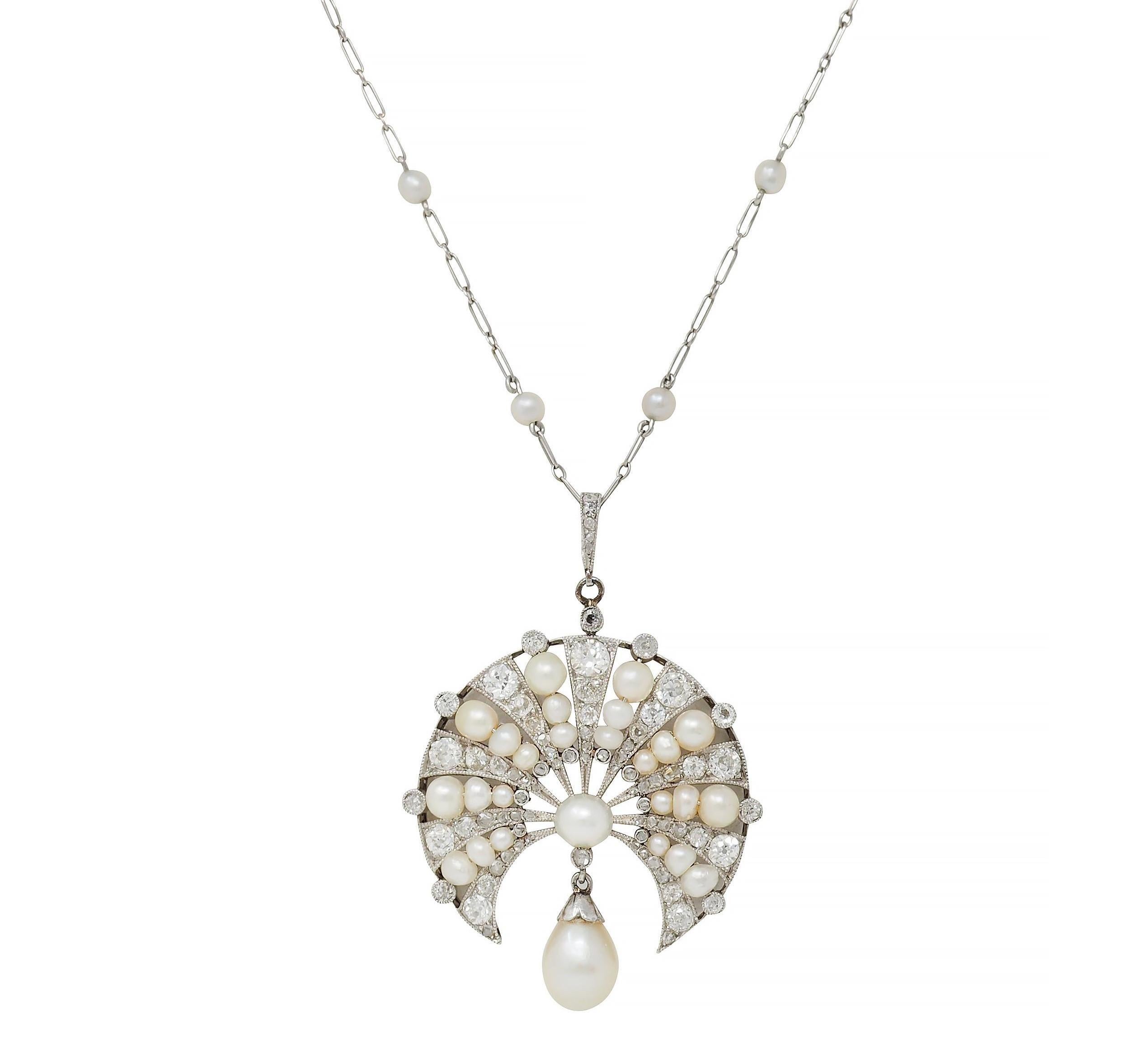 Art Deco French Diamond Natural Pearl Platinum Antique Fan Pendant Necklace For Sale