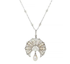 Art Deco French Diamond Natural Pearl Platinum Antique Fan Pendant Necklace