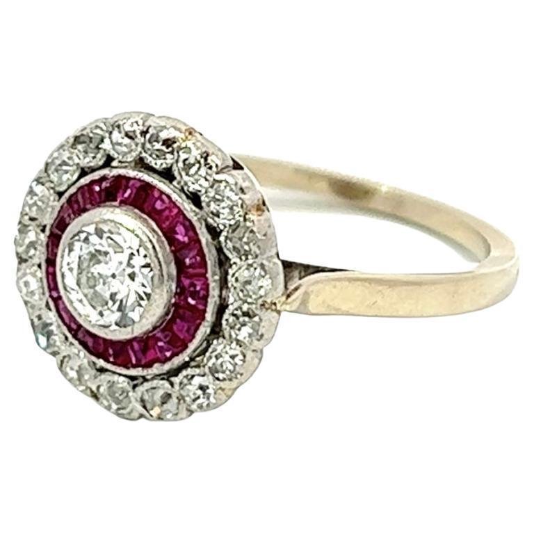 Women's or Men's Art Deco French Diamond Ruby 18 Karat White Gold Halo Target Engagement Ring