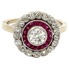 Antique Art Deco French Diamond Ruby 18 Karat White Gold Halo Target Engagement Ring
