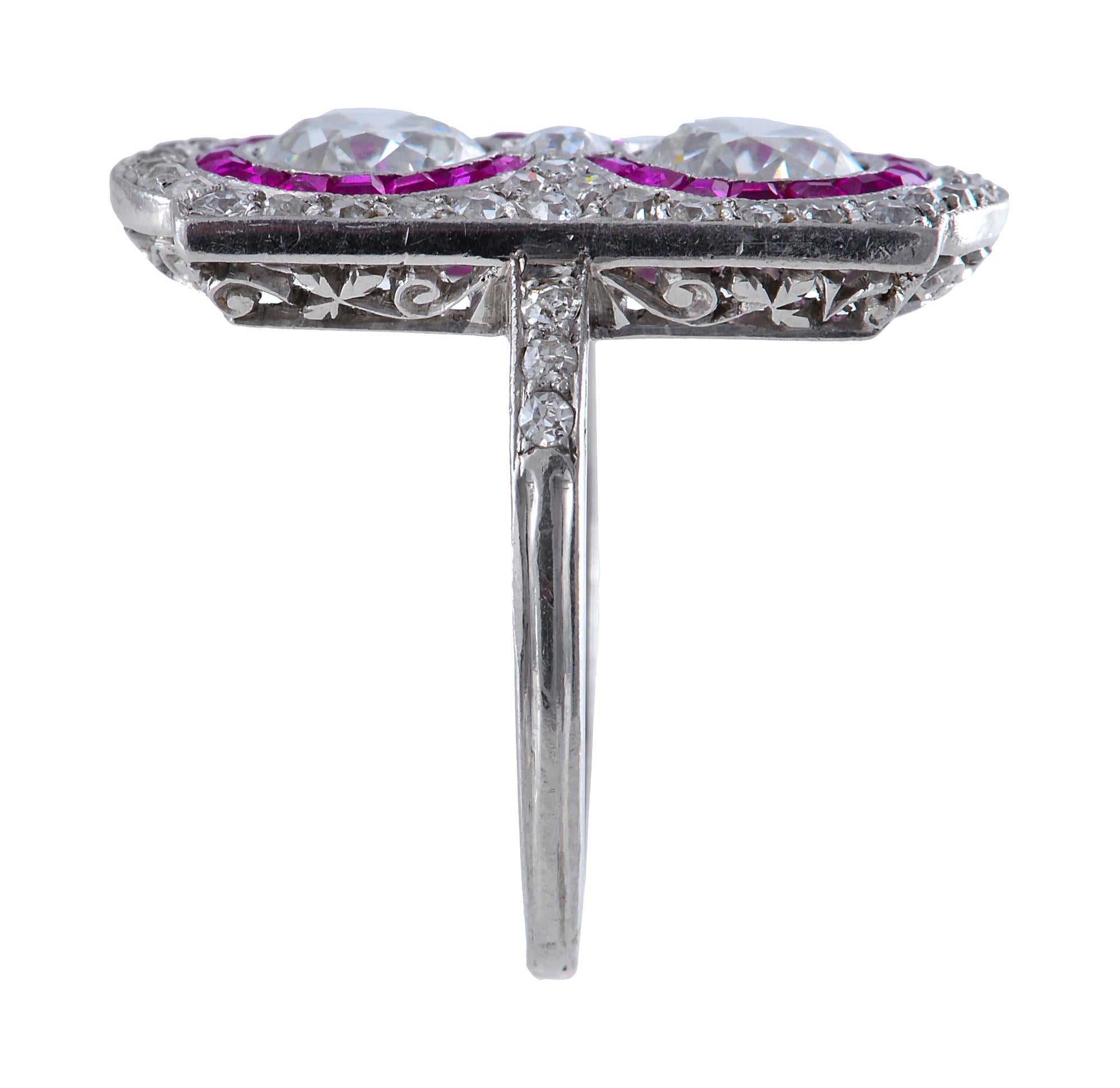 Women's Art Deco French Diamond, Ruby and Platinum Ring For Sale