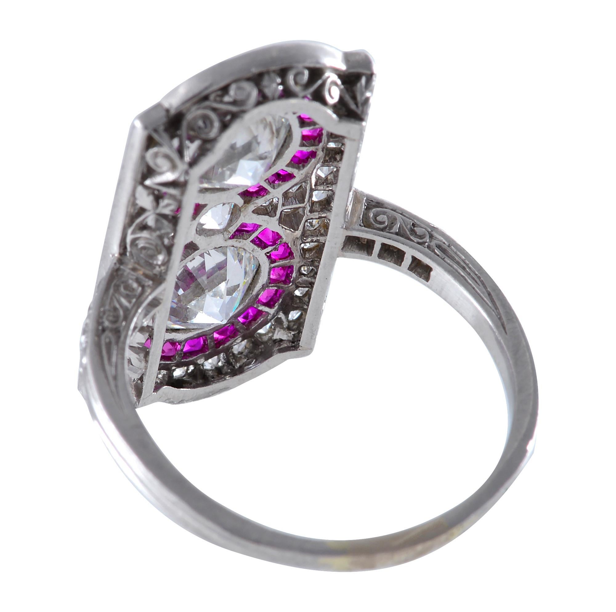 Art Deco French Diamond, Ruby and Platinum Ring For Sale 1