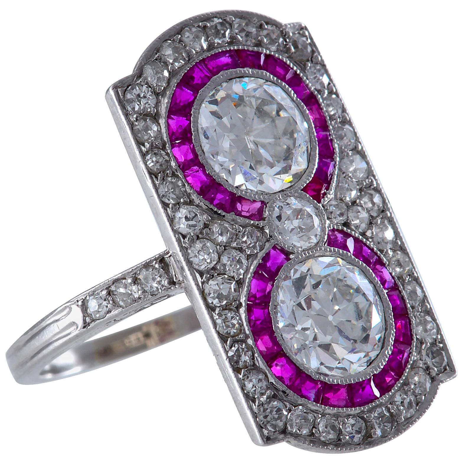 Art Deco French Diamond, Ruby and Platinum Ring For Sale