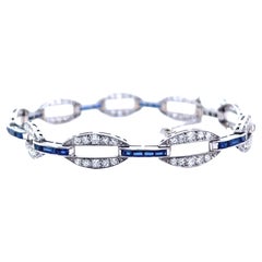 Art Deco French Diamond Sapphire Platinum 18 Karat White Gold Link Bracelet