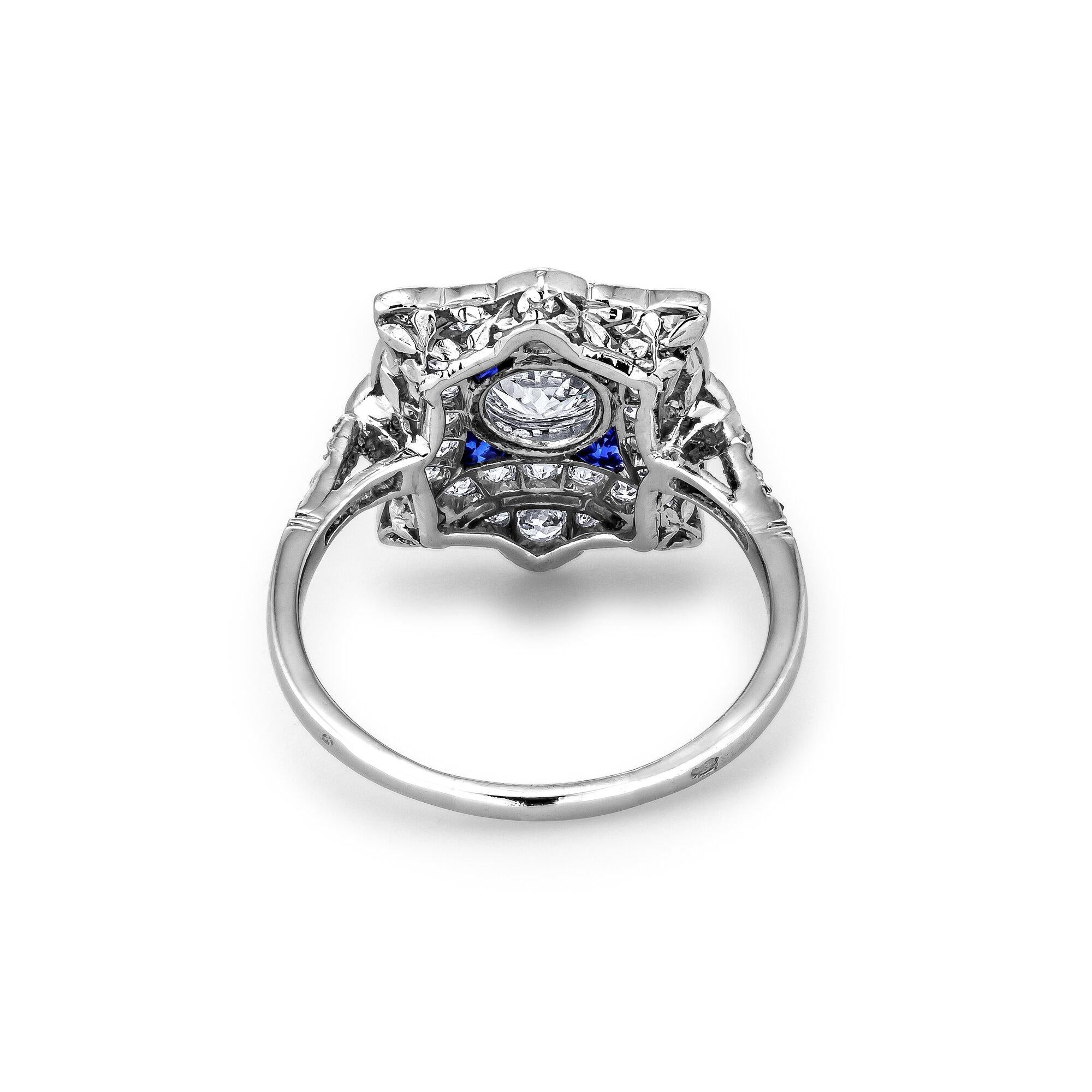 Round Cut Art Deco French Diamond Sapphire Platinum Plaque Ring