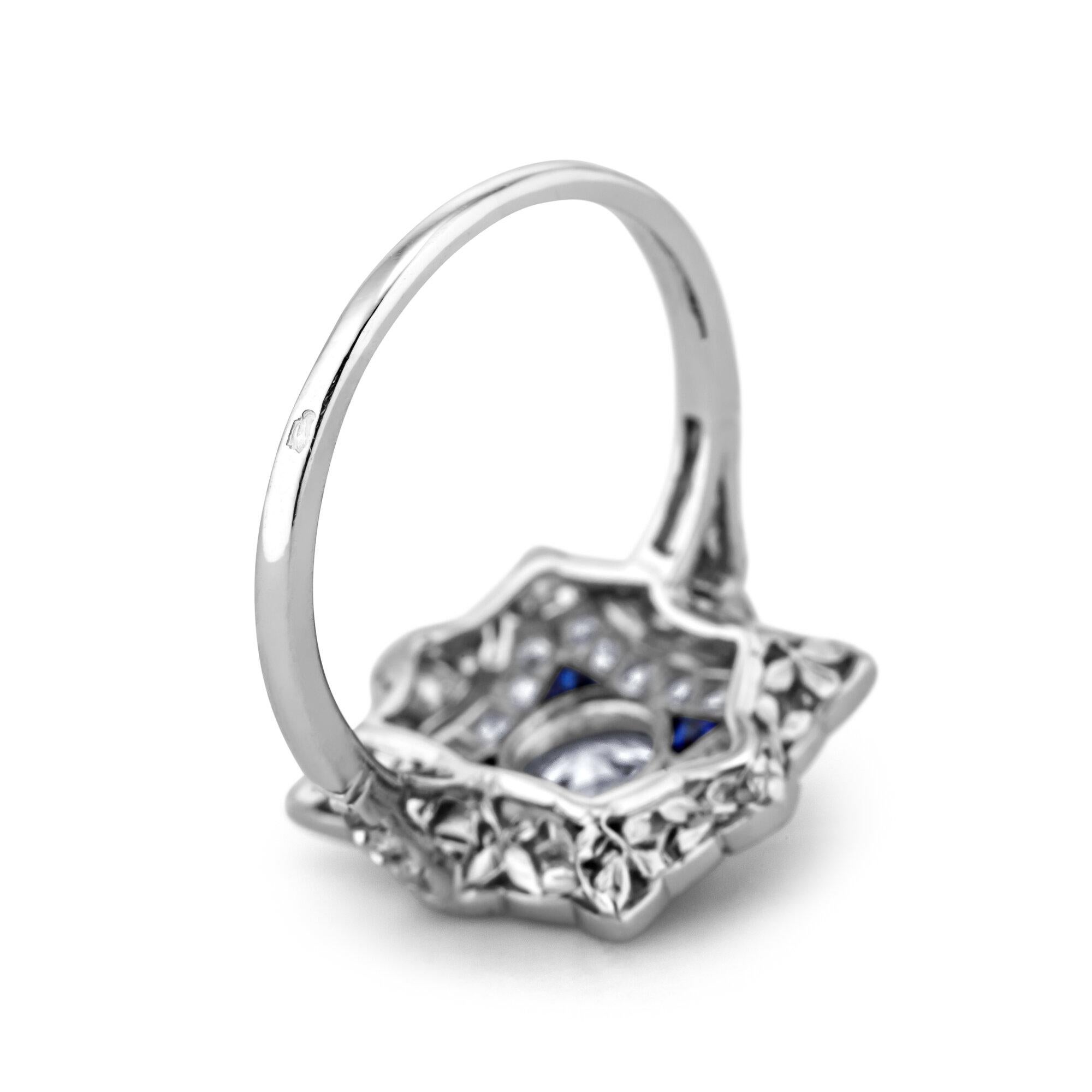 Art Deco French Diamond Sapphire Platinum Plaque Ring In Excellent Condition In Greenwich, CT