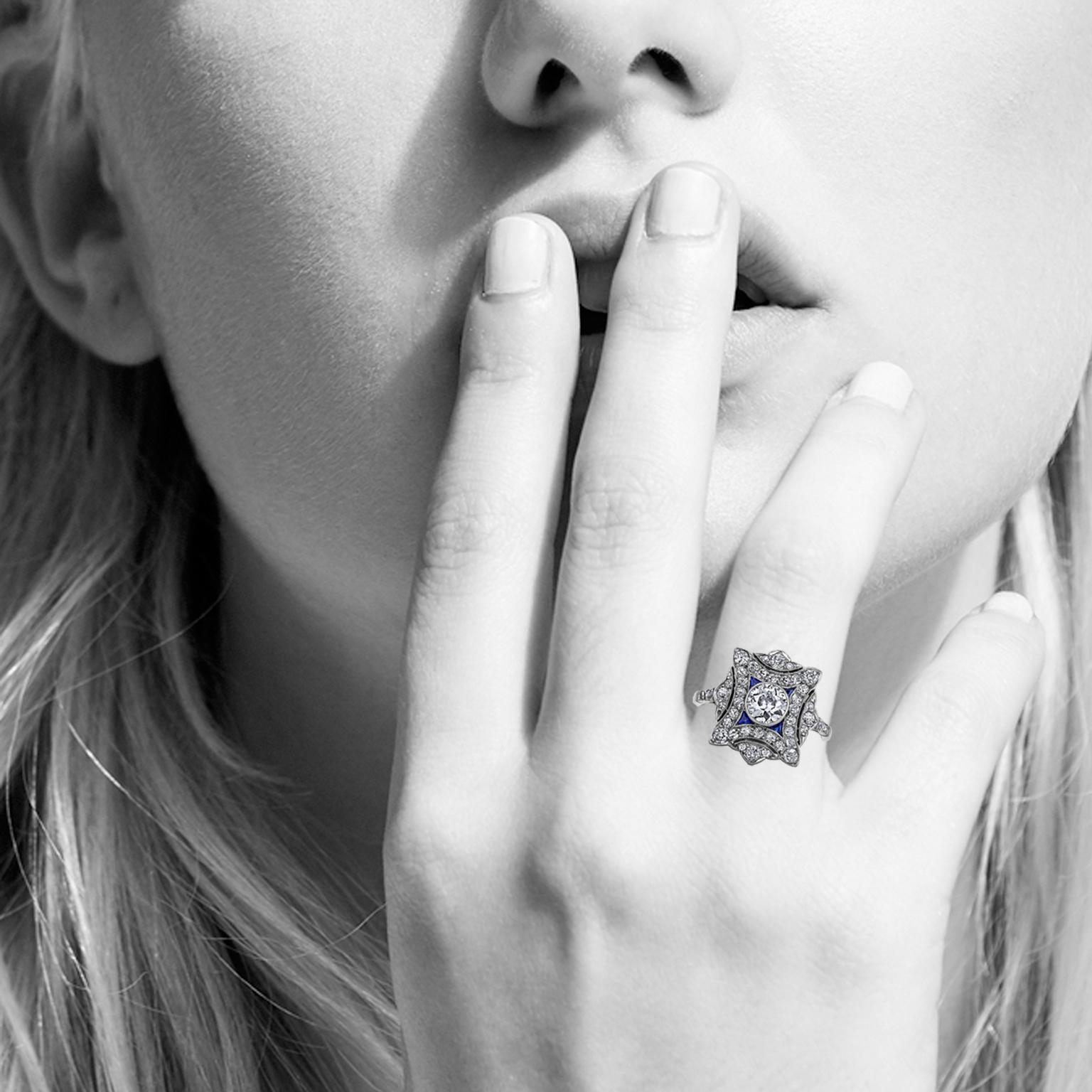 Women's Art Deco French Diamond Sapphire Platinum Plaque Ring