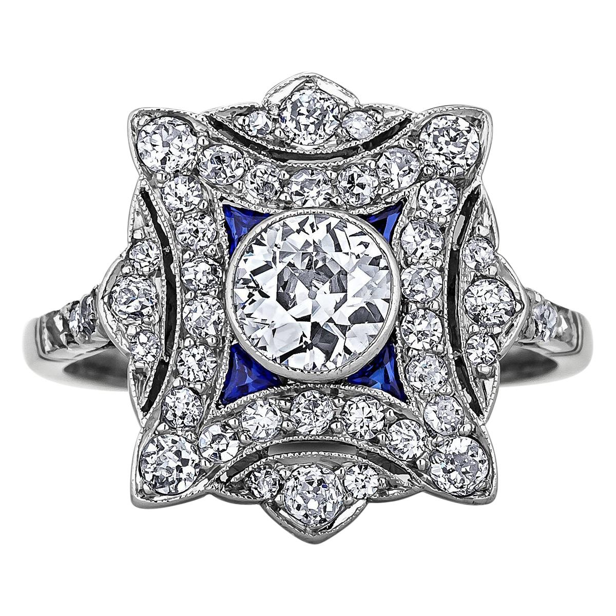Art Deco French Diamond Sapphire Platinum Plaque Ring