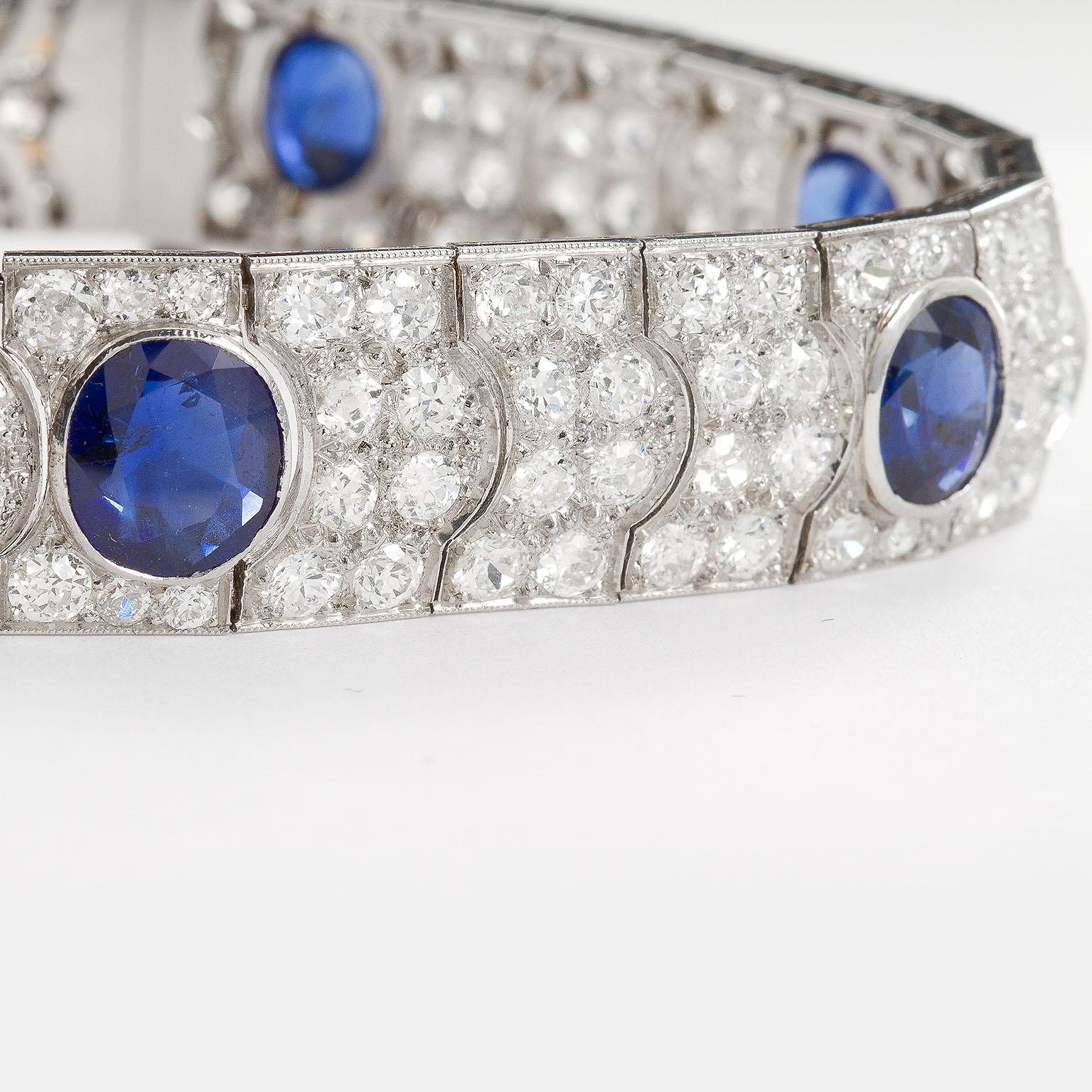 Women's Art Deco French Diamond No-Heat Burma Oval Sapphire Bracelet 25 Carats