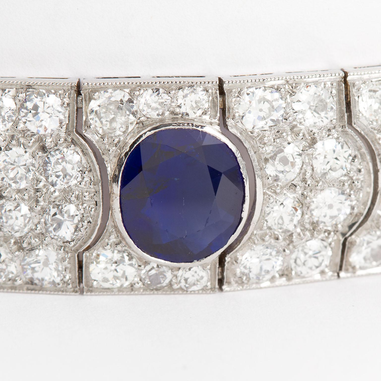Art Deco French Diamond No-Heat Burma Oval Sapphire Bracelet 25 Carats 2