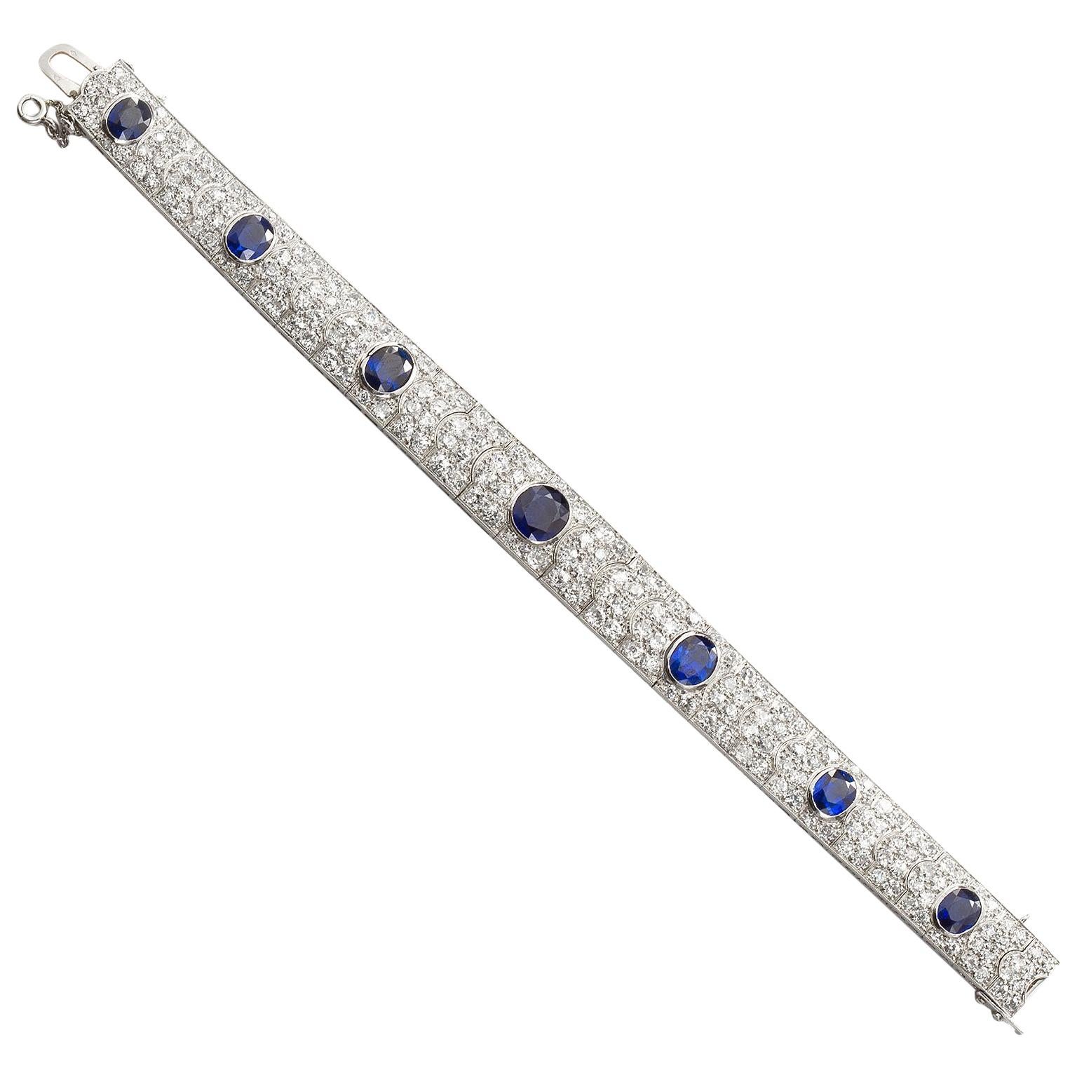 Art Deco French Diamond No-Heat Burma Oval Sapphire Bracelet 25 Carats