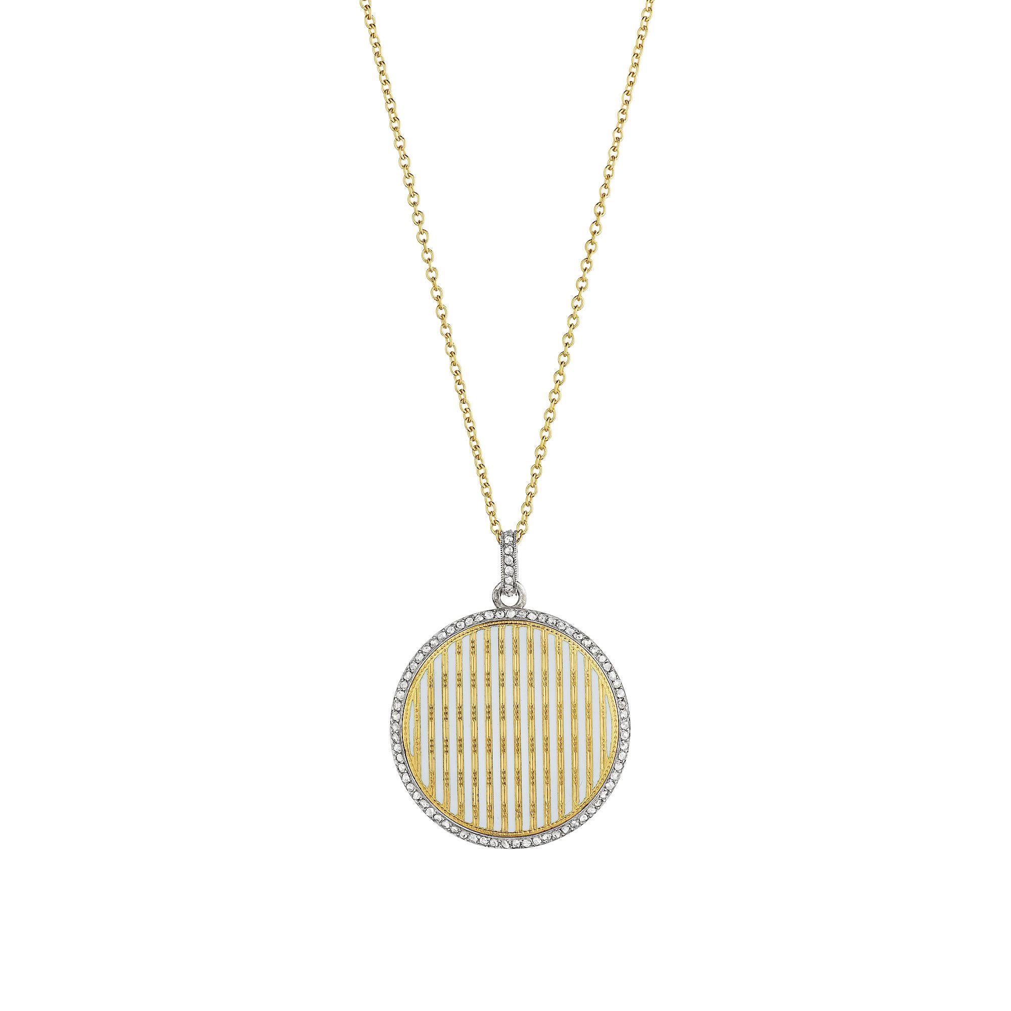 Taille française Collier pendentif disque Art déco français en or, platine, émail blanc et diamants en vente