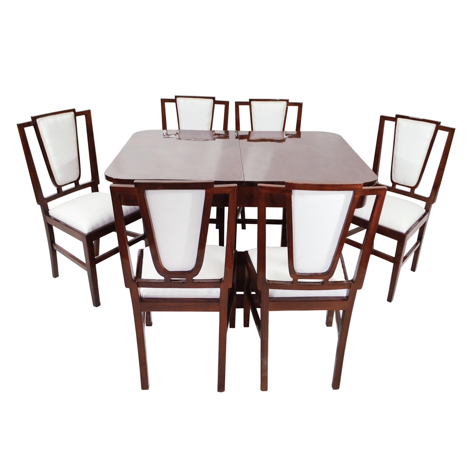 Französischer Art déco-Esszimmertisch und sechs Stühle im Art déco-Stil, Design Michel Dufet, 1930er Jahre (Furnier) im Angebot