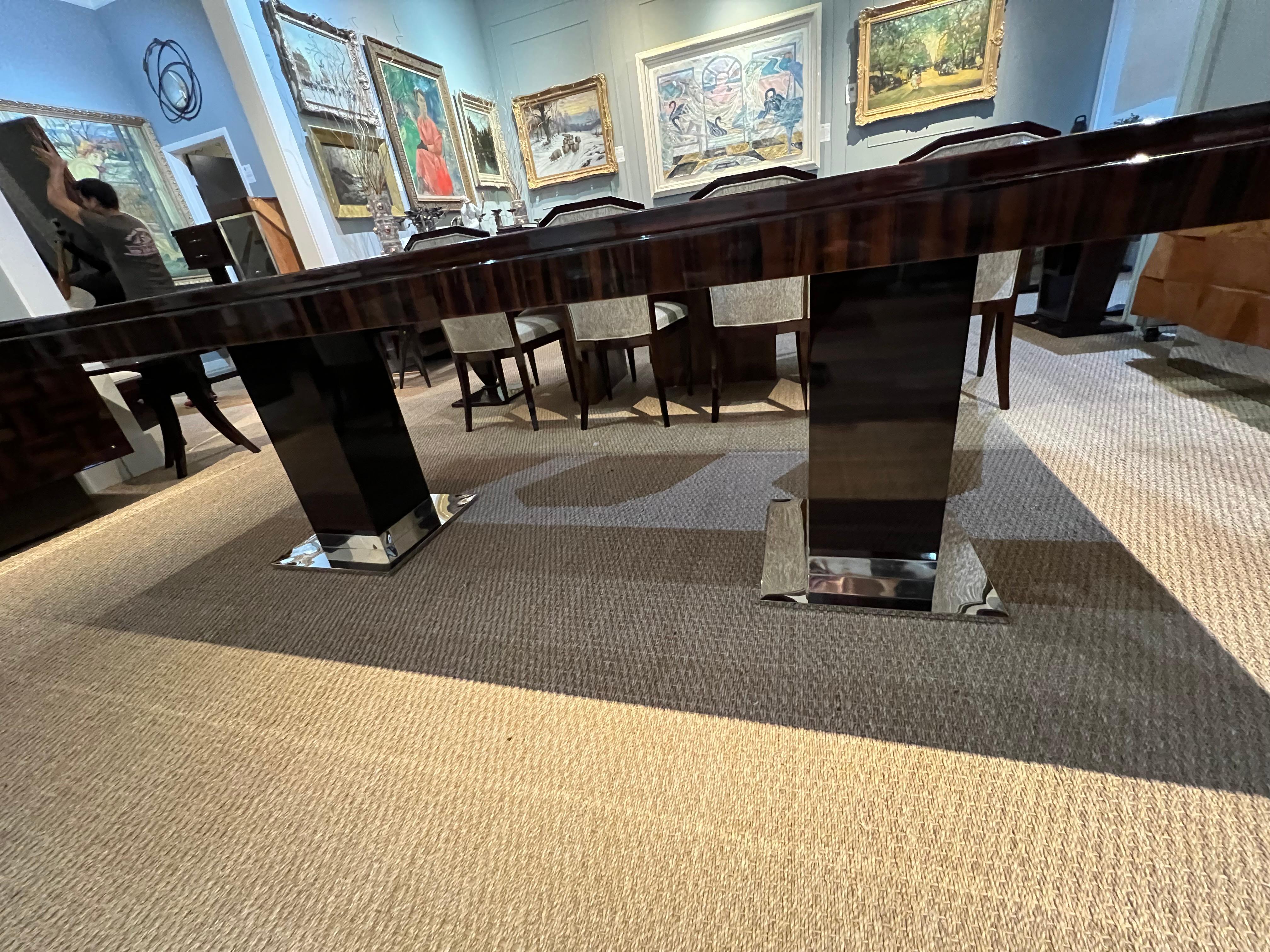 Chrome Art Deco French Dining Room Table in Macassar For Sale