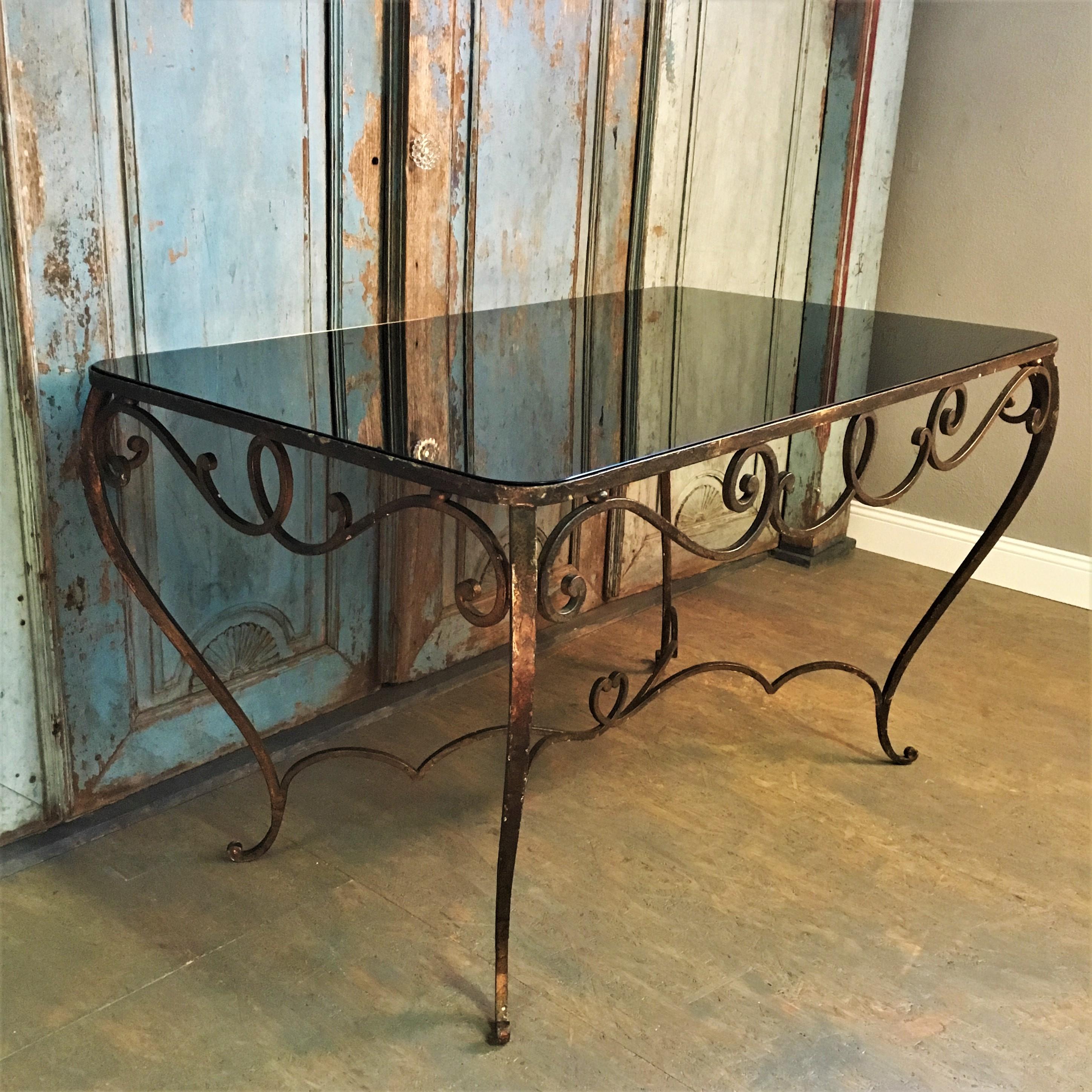 French Art Deco Wrought Iron Dining Table with Black Colored Glass, 1930s For Sale 7
