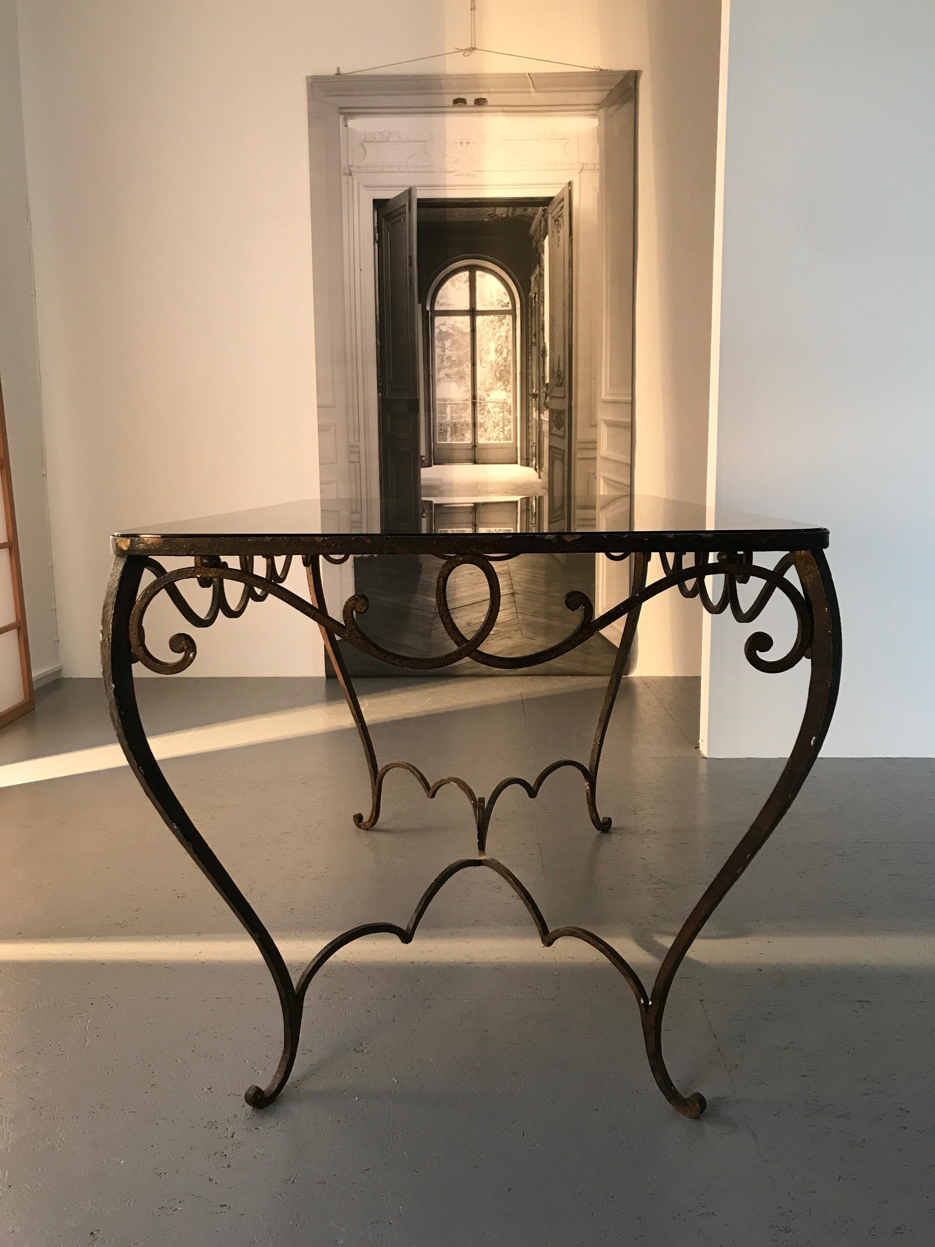 French Art Deco Wrought Iron Dining Table with Black Colored Glass, 1930s For Sale 8