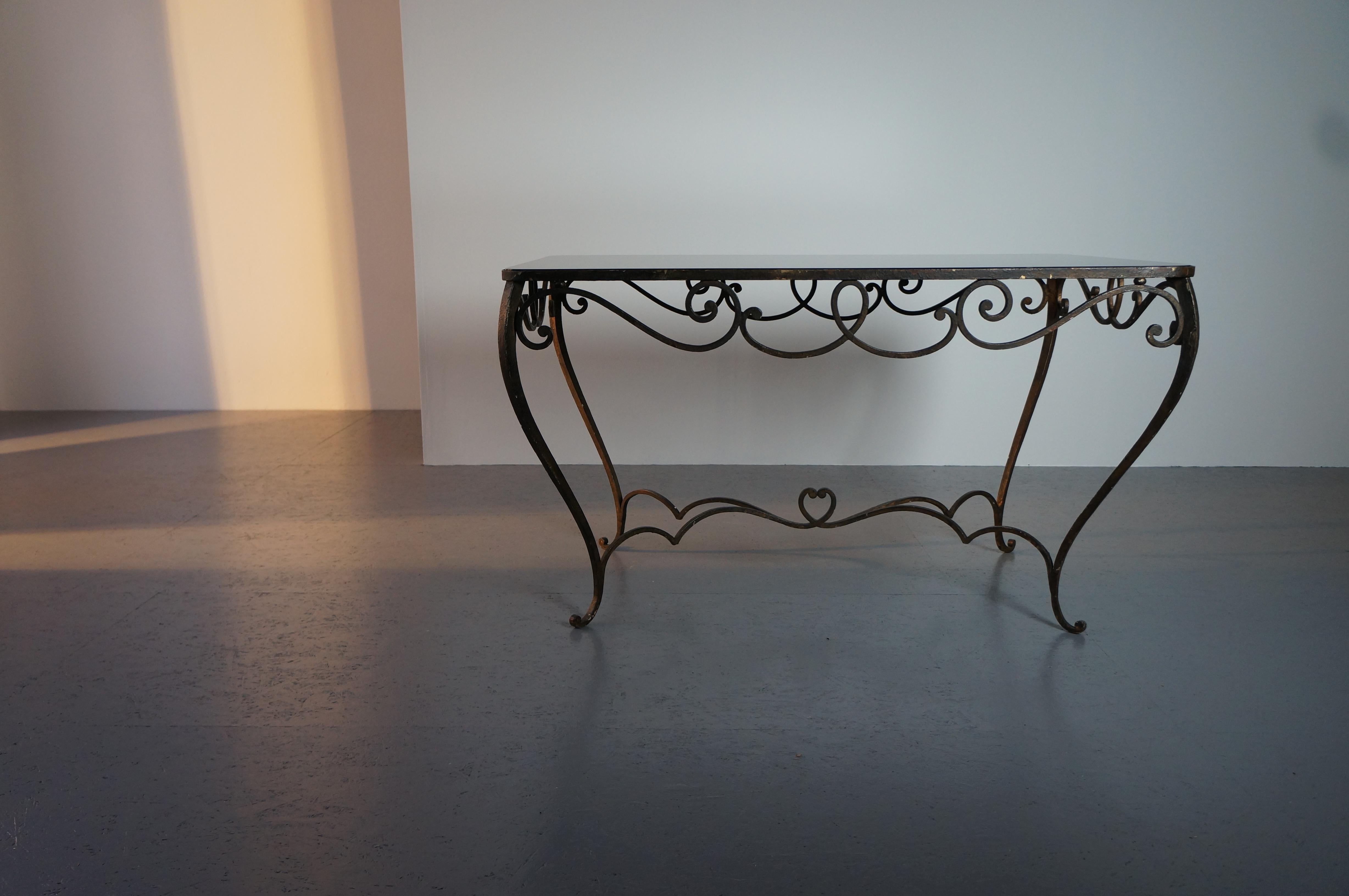 20th Century French Art Deco Wrought Iron Dining Table with Black Colored Glass, 1930s For Sale