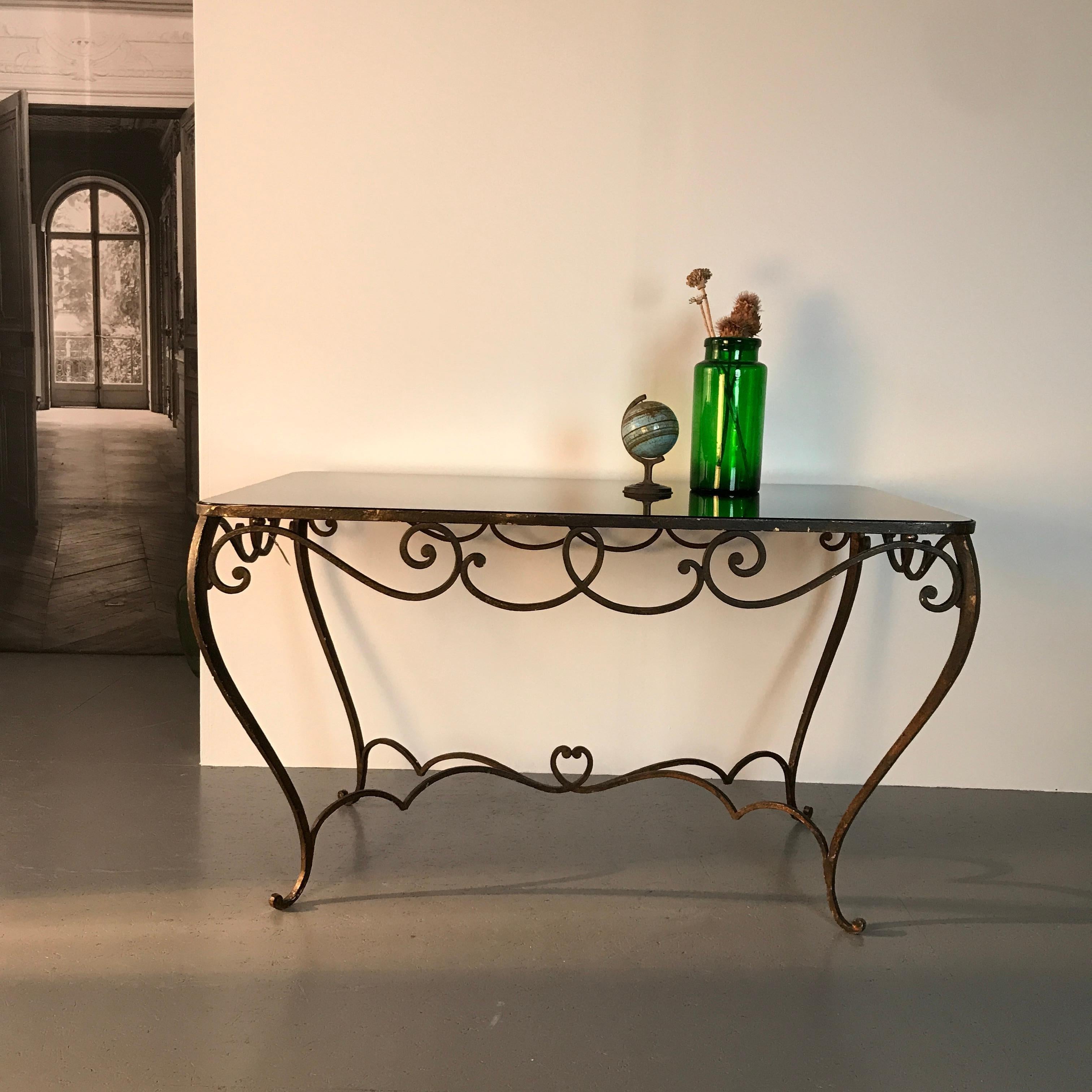 French Art Deco Wrought Iron Dining Table with Black Colored Glass, 1930s For Sale 1