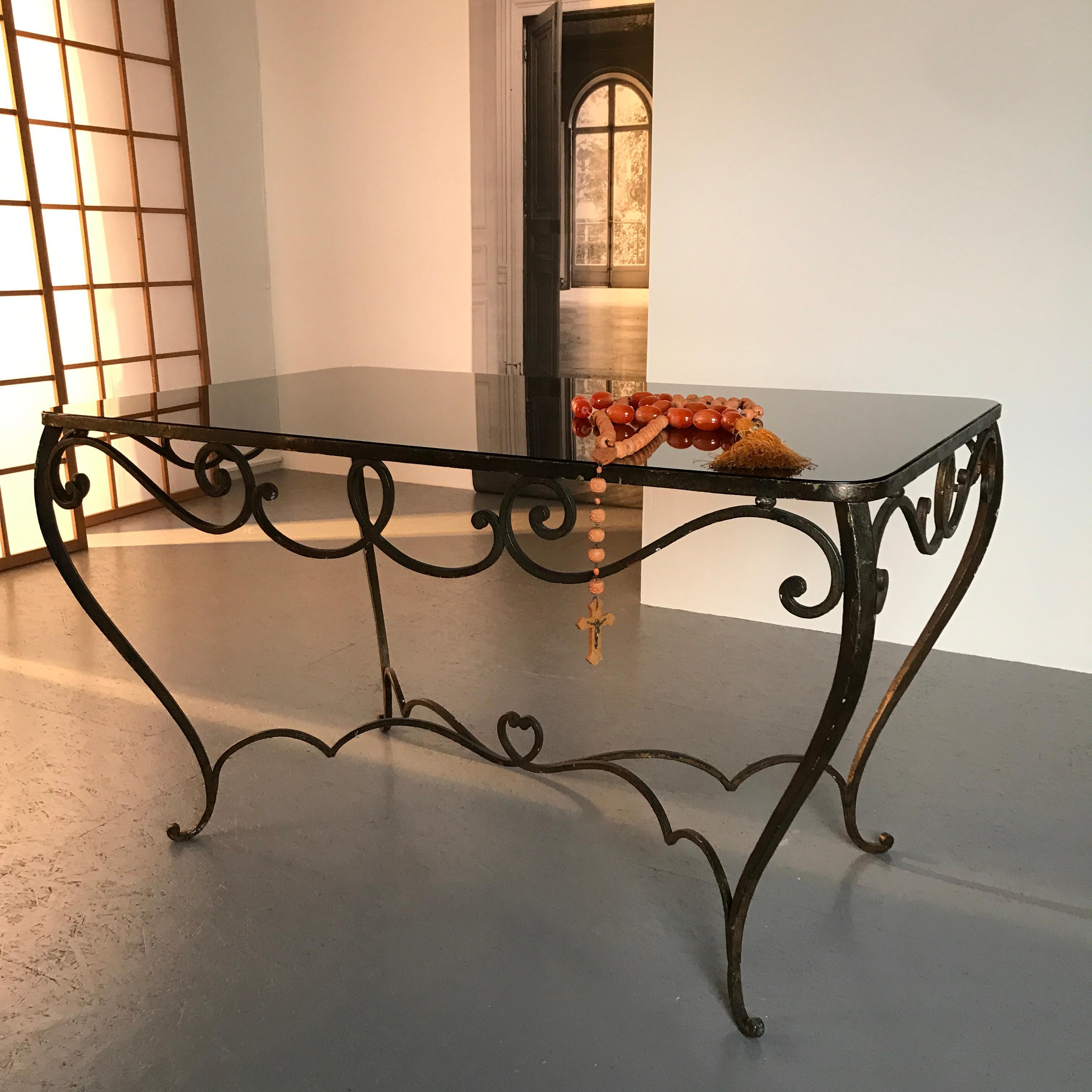 French Art Deco Wrought Iron Dining Table with Black Colored Glass, 1930s For Sale 3