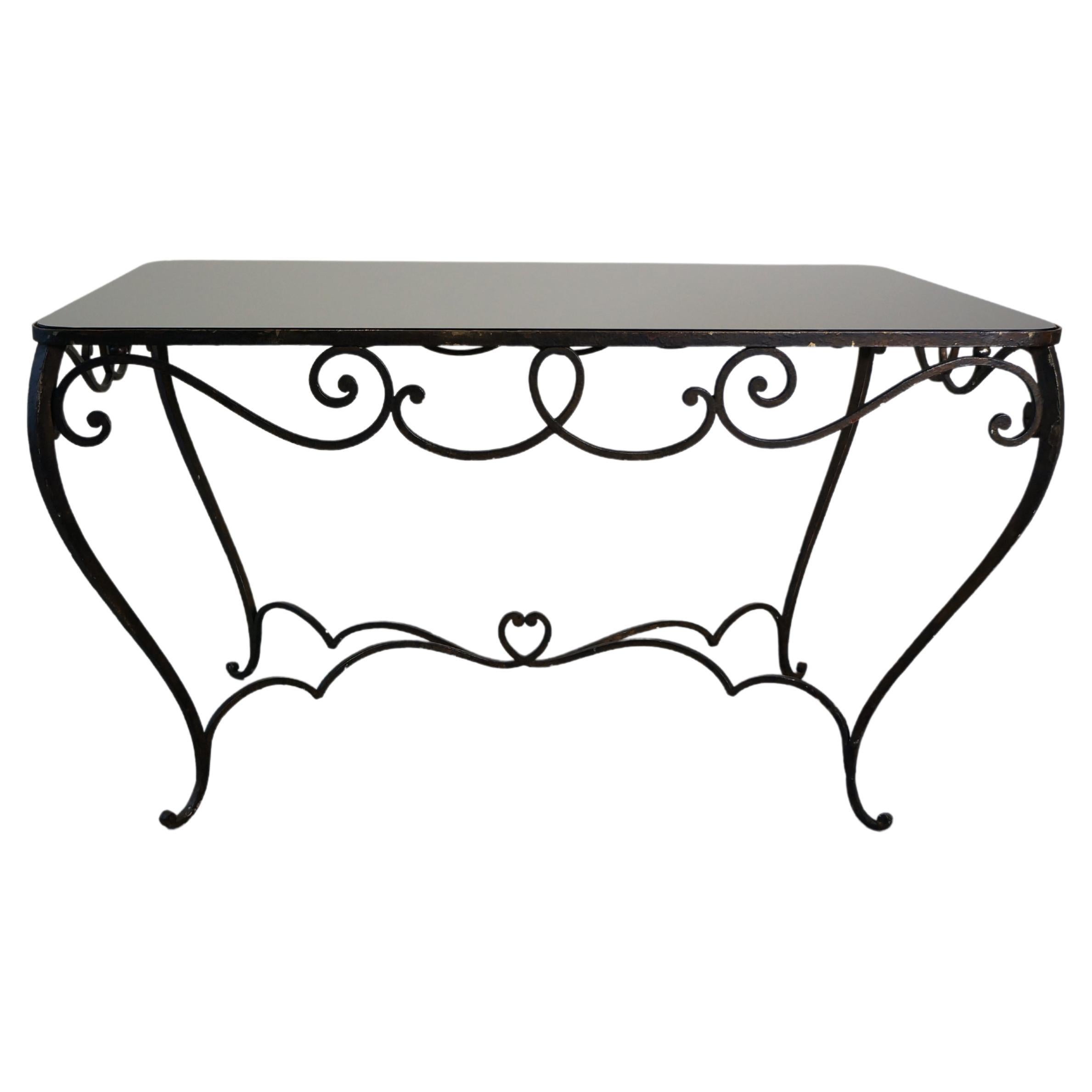 French Art Deco Wrought Iron Dining Table with Black Colored Glass, 1930s For Sale