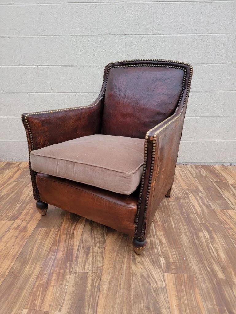 Hand-Crafted Art Deco French Distressed Brown Lounge Chair For Sale