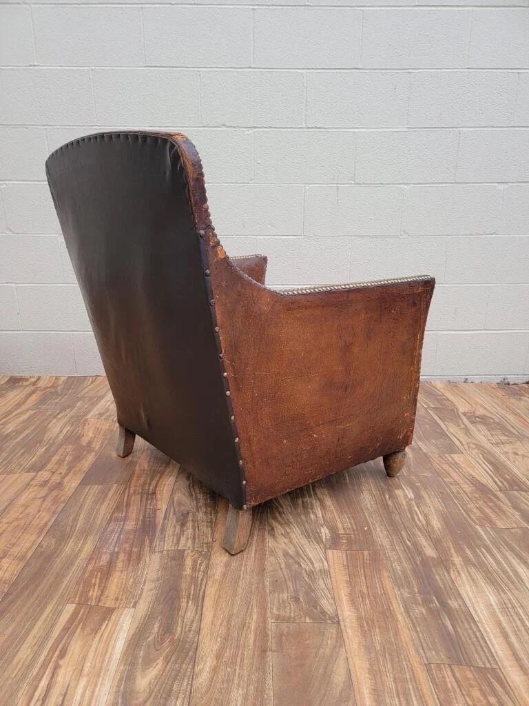 Art Deco French Distressed Brown Lounge Chair In Good Condition For Sale In Chicago, IL