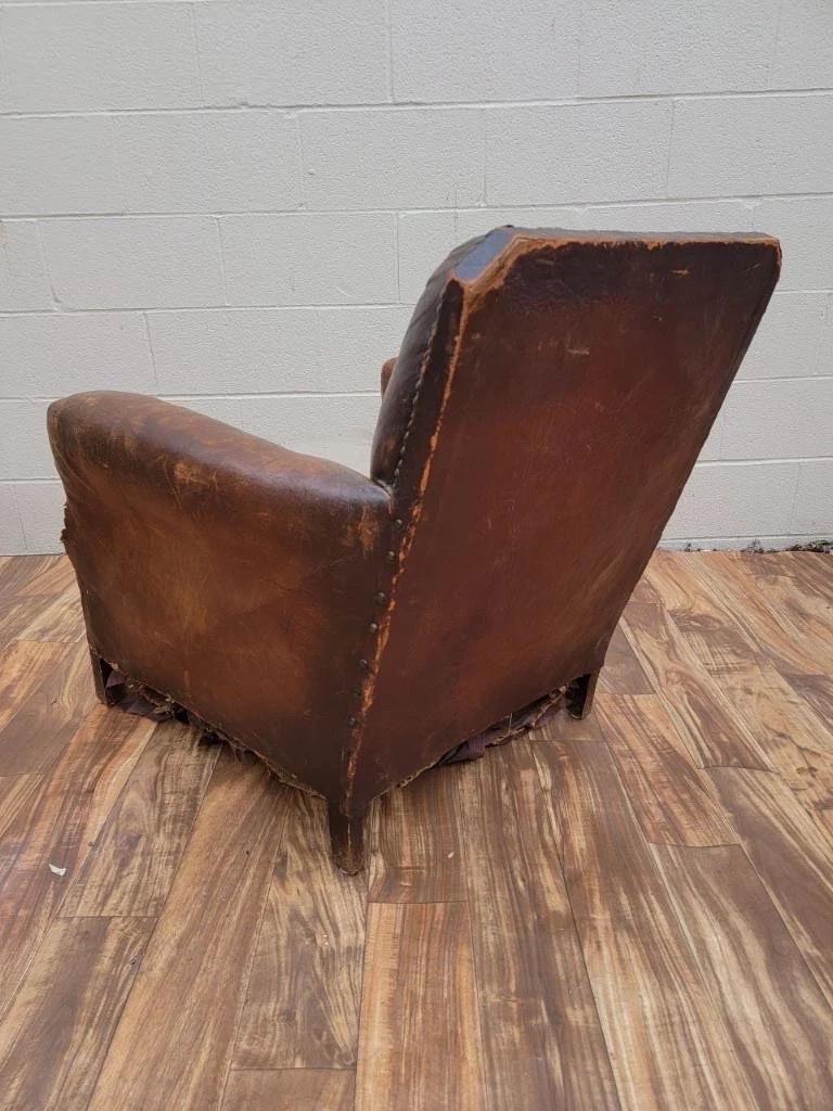 Mid-20th Century Art Deco French Distressed Brown Lounge Chair For Sale