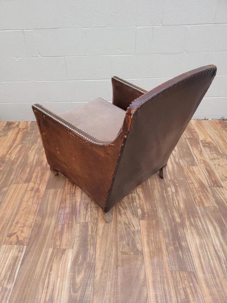 Brass Art Deco French Distressed Brown Lounge Chair For Sale