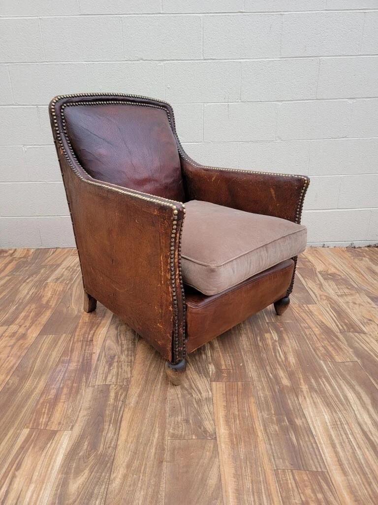 Art Deco French Distressed Brown Lounge Chair For Sale 1