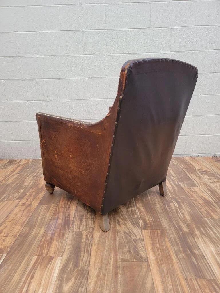 Art Deco French Distressed Brown Lounge Chair For Sale 2