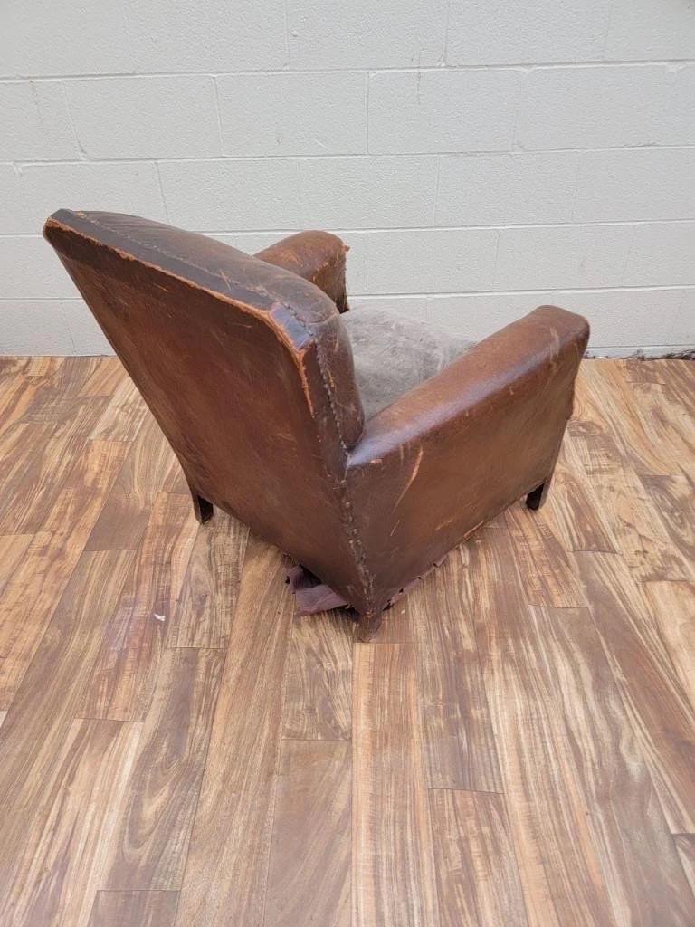 Art Deco French Distressed Brown Lounge Chair For Sale 3