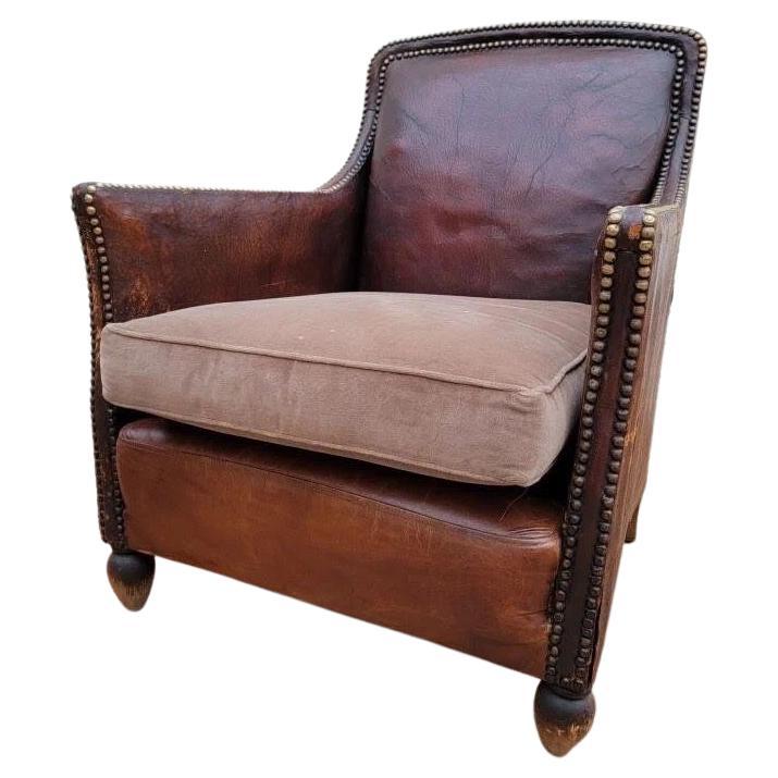 Art Deco French Distressed Brown Lounge Chair For Sale