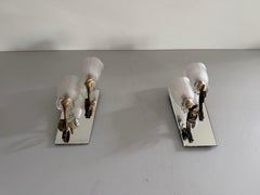 Art Deco French Double Head Glass and Brass Pair of Sconces, 1940s, France