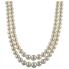 Antique Art Deco French Double Pearl Necklace 1 Carat Diamond Clasp, circa 1920